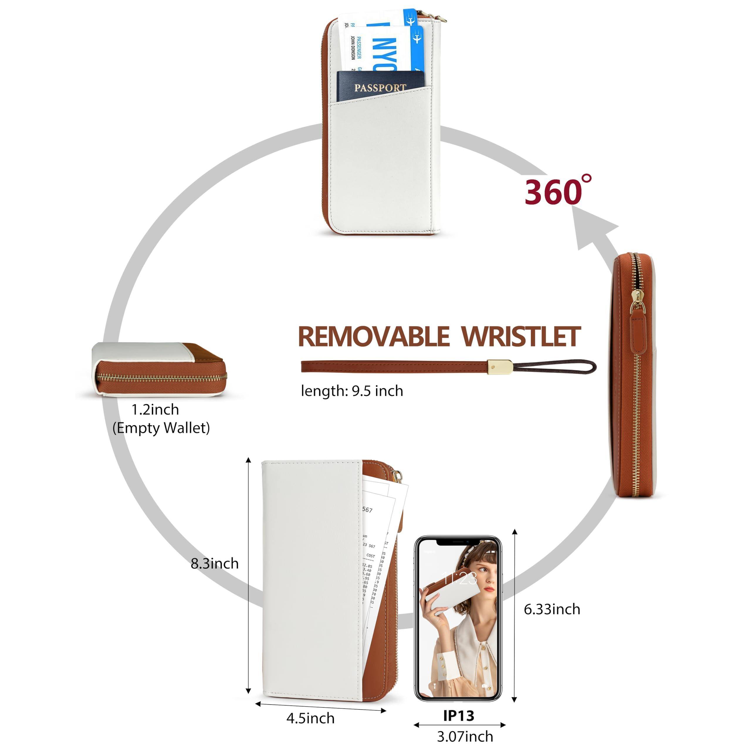 Left. Jadie Link - Large Travel Wallet Women Rfid Zipper Airtag Slot Passport Holder Clutch Wristlet Smart, Stylish, DurableThis leather - Brown.