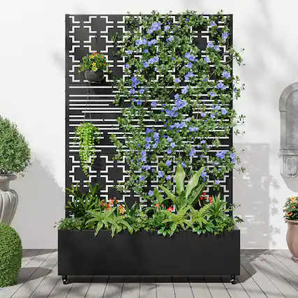 Front. PexFix - 72 in. H x 47 in. W Squine Pattern Rectangle Metal Planter Box Raised Garden Beds with Trellis-Ideal for Balcony - Black.