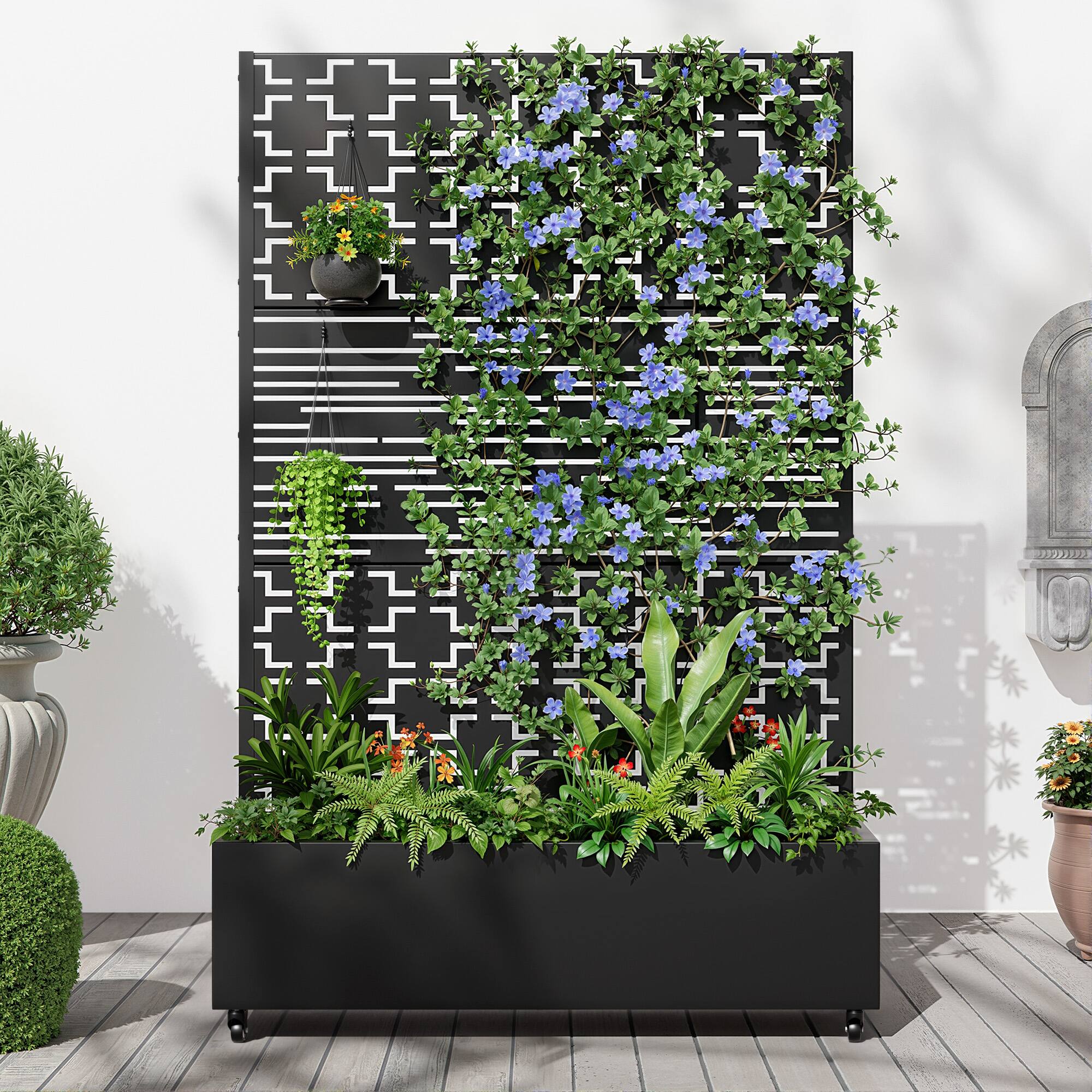 Front. PexFix - 72 in. H x 47 in. W Squine Pattern Rectangle Metal Planter Box Raised Garden Beds with Trellis-Ideal for Balcony - Black.