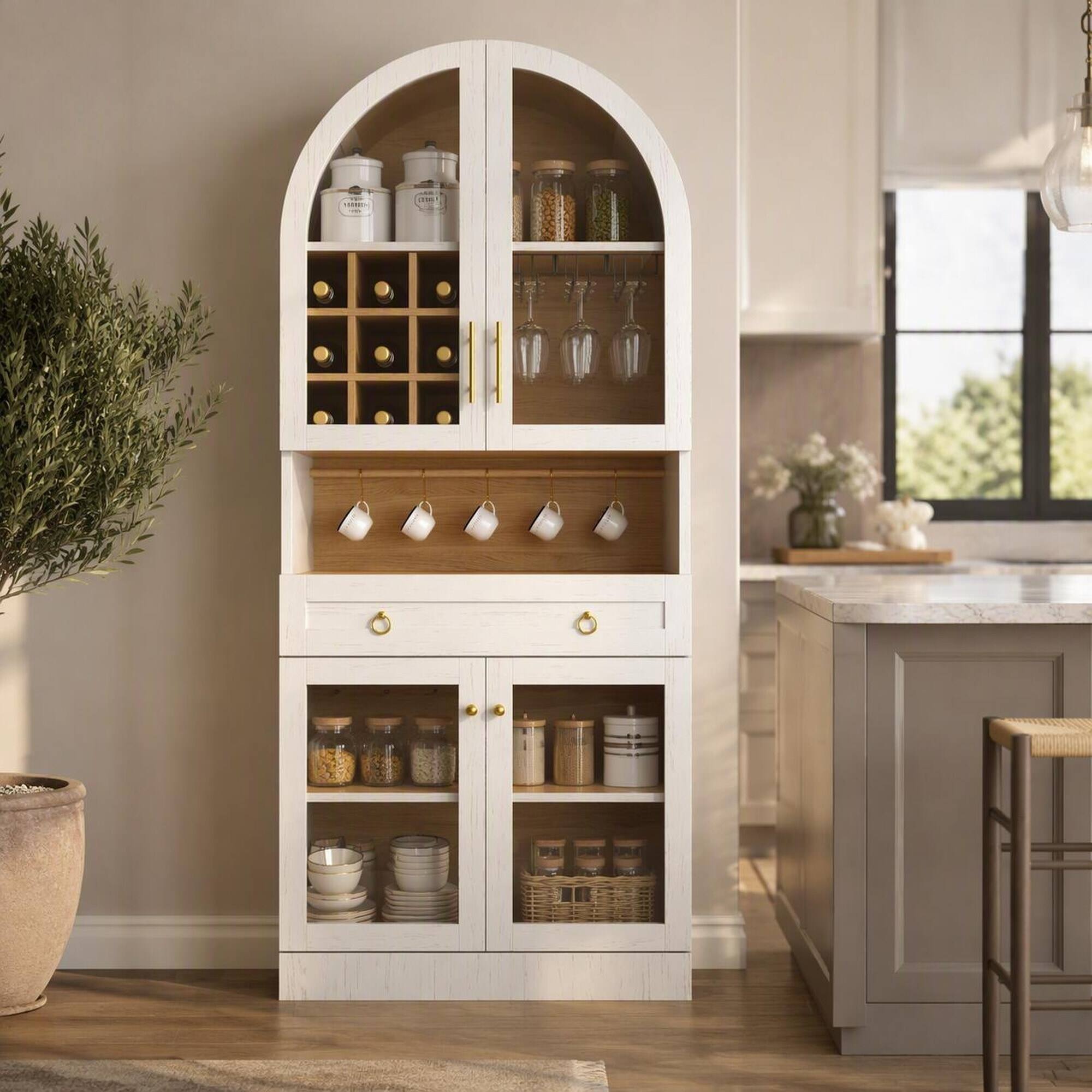 Front. RYHNUYNE - Freestanding 70 Inch Tall Arched Bar Cabinet with Adjustable Shelf, Wine Racks and Glass Doors, White - White.