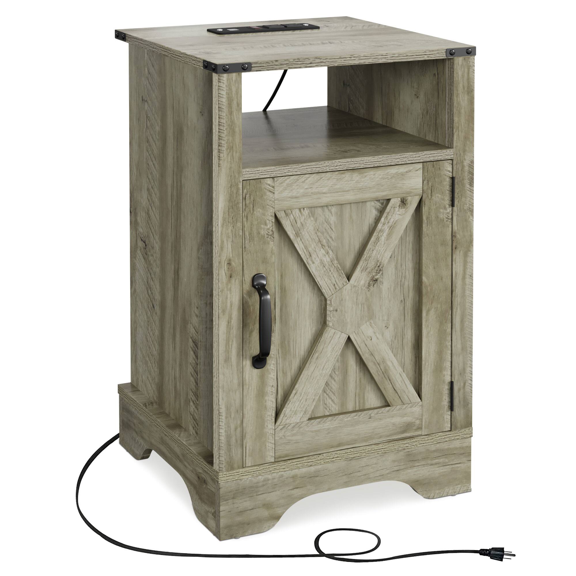 Alt View 7. RoyalCraft - RoyalCraft Farmhouse Nightstand, Bedroom Table with Charging Station, Light Grey - Light Grey.