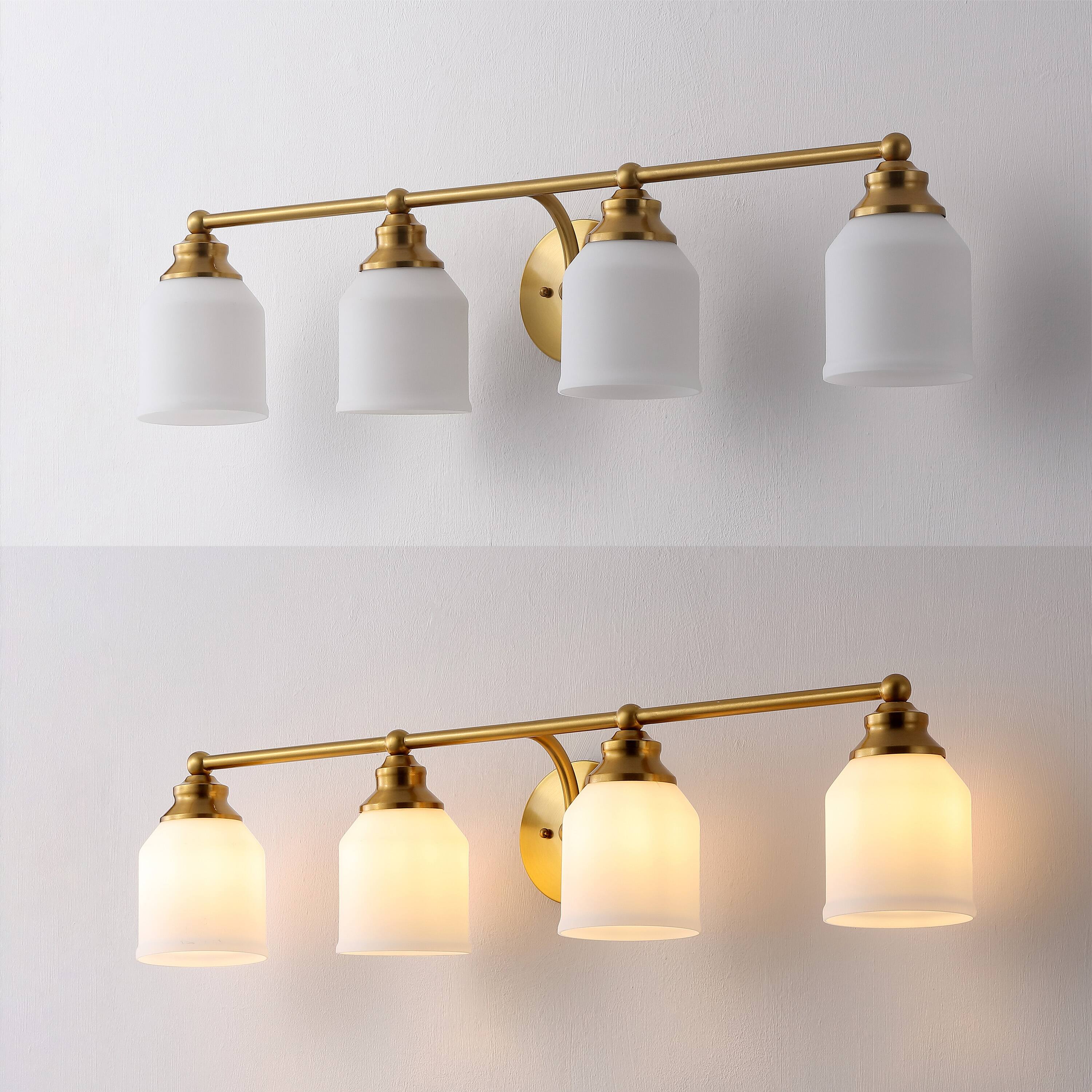 Alt View 4. Jonathan Y - Lydia 33.25" 4-Light Farmhouse Cottage Metal LED Vanity Light with Frosted Glass Shades, Brass Gold - Brass Gold.