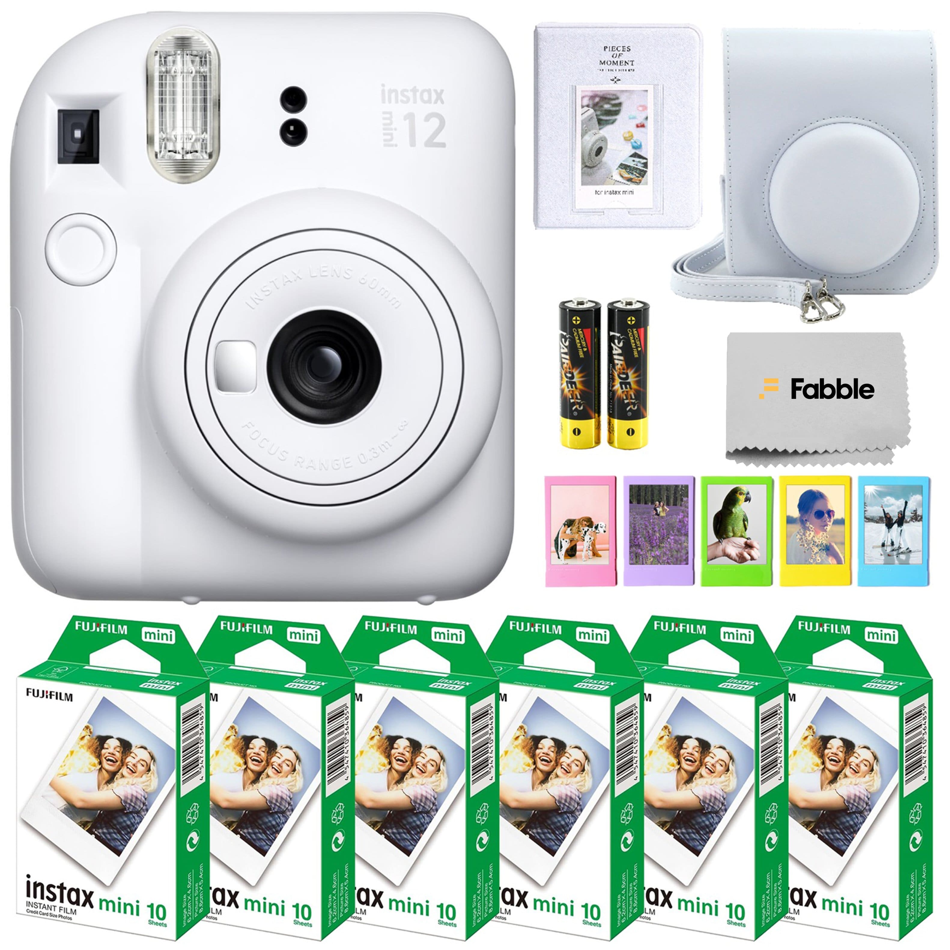 Fujifilm - Instax Mini 12 (Clay White) Bundle: 60 Sheets Film, Case, Strap & Photo Album