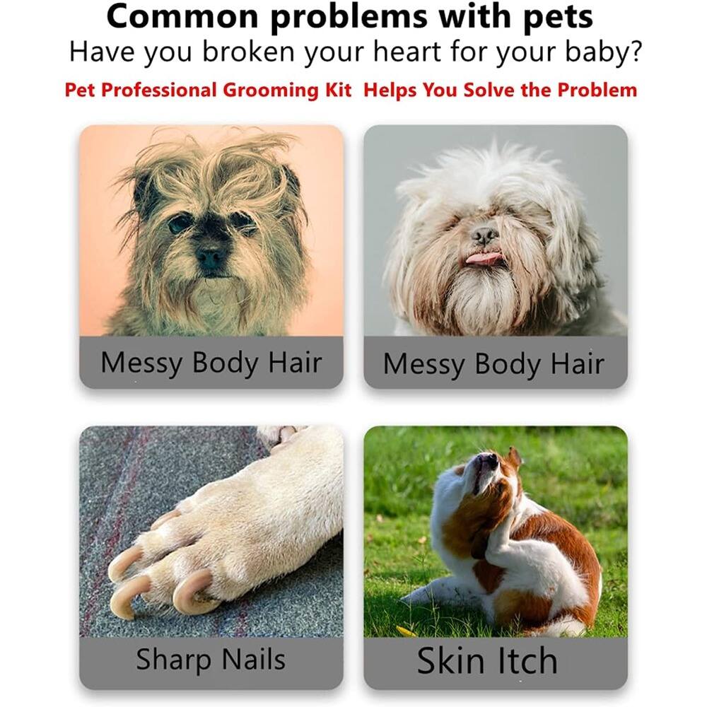 Common problems with pets  
Have you broken your heart for your baby?  
Pet Professional Grooming Kit Helps You Solve the Problem  

- Messy Body Hair  
- Messy Body Hair  
- Sharp Nails  
- Skin Itch