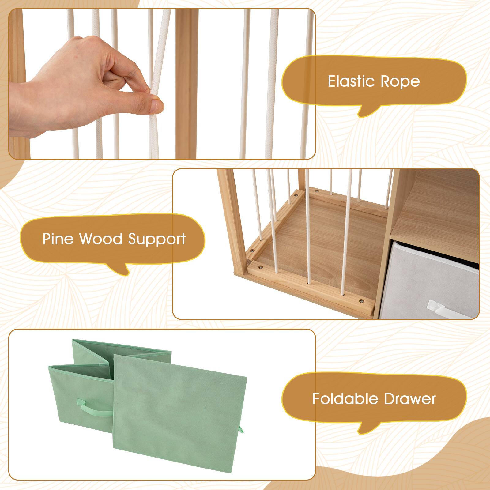 Elastic Rope, Pine Wood Support, Foldable Drawer
