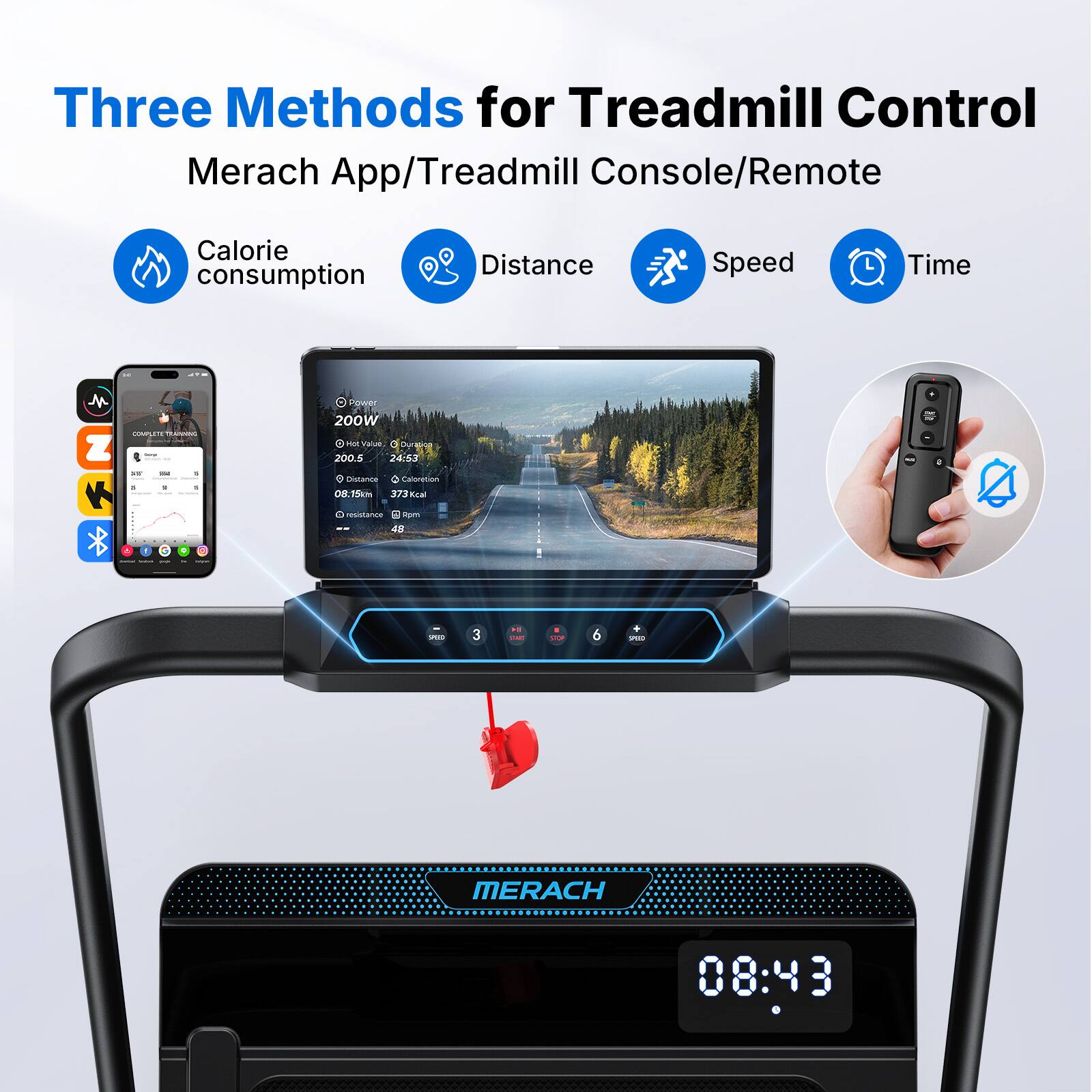 Three Methods for Treadmill Control  
Merach App/Treadmill Console/Remote  

- Calorie consumption  
- Distance  
- Speed  
- Time  

200W  
Value 2008  
24/61  

Calorie: 15km  
Resistance: 43  

MERACH  
08:43