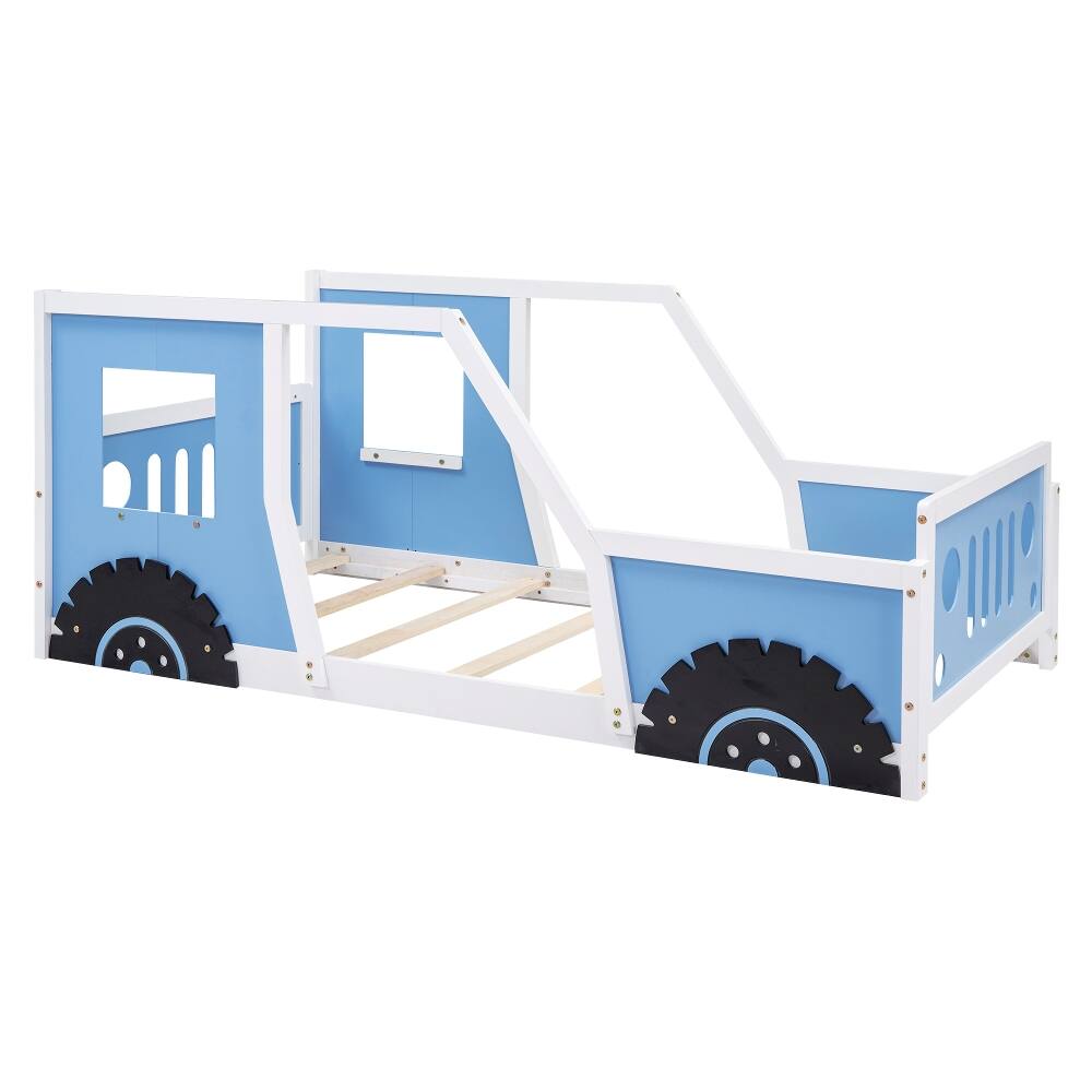 Alt View 3. Loheer - Loheer Twin Size Classic Car Shaped Platform Bed with Wheels, Blue Kids Wooden Bed Frame - Blue.