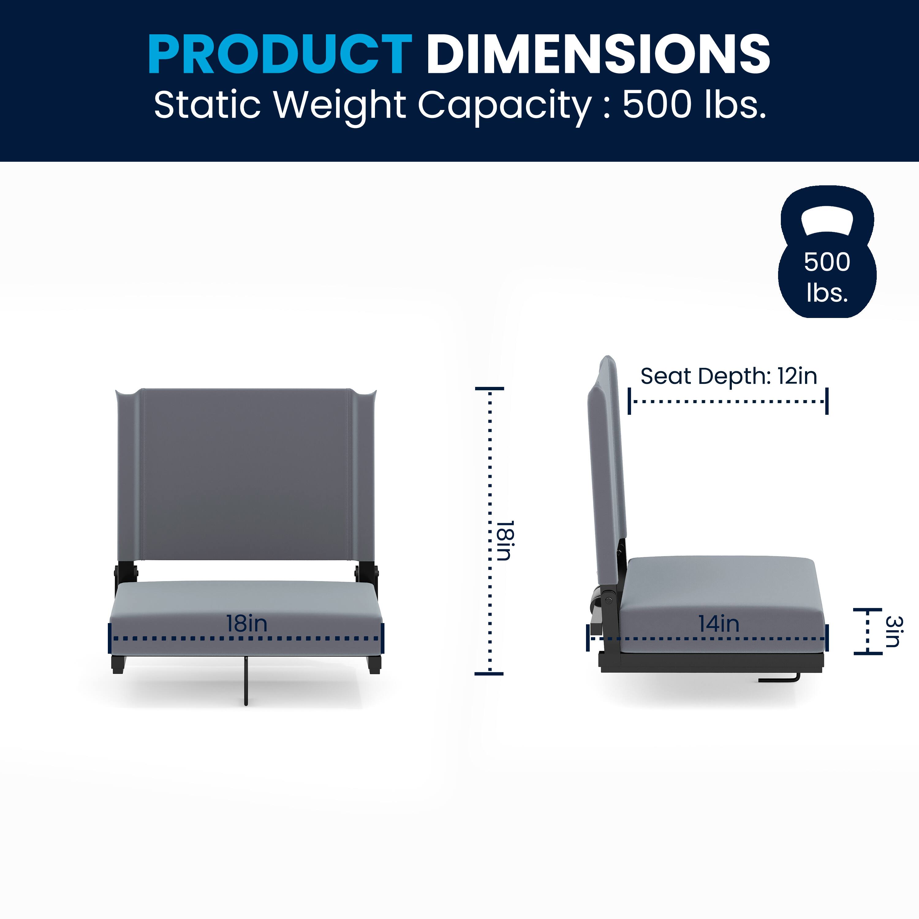 PRODUCT DIMENSIONS  
Static Weight Capacity: 500 lbs.  
Seat Depth: 12in  
Seat Width: 18in  
Seat Height: 14in  
Seat Depth: 18in  
Seat Height: 3in