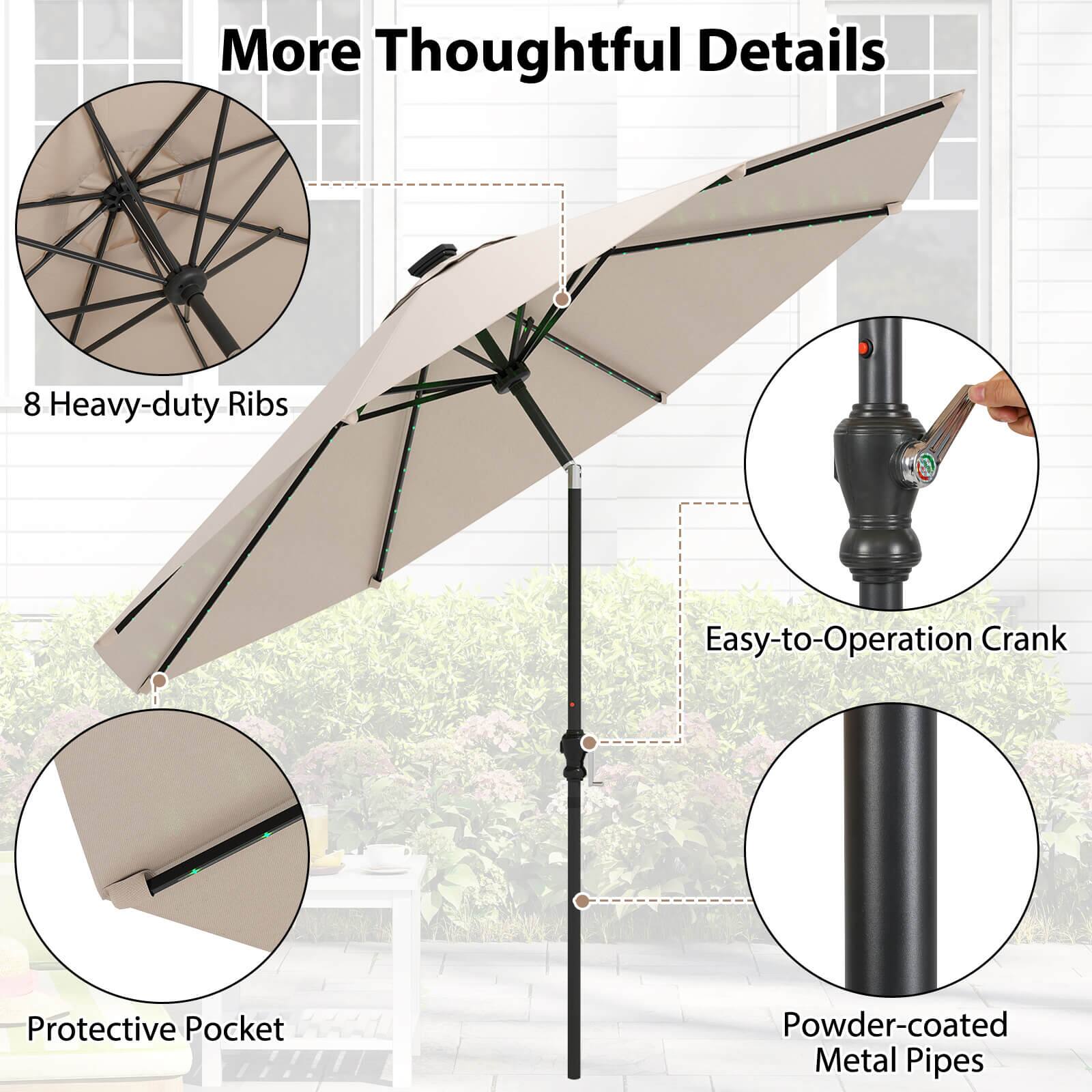 More Thoughtful Details

- 8 Heavy-duty Ribs
- Easy-to-Operation Crank
- Protective Pocket
- Powder-coated Metal Pipes