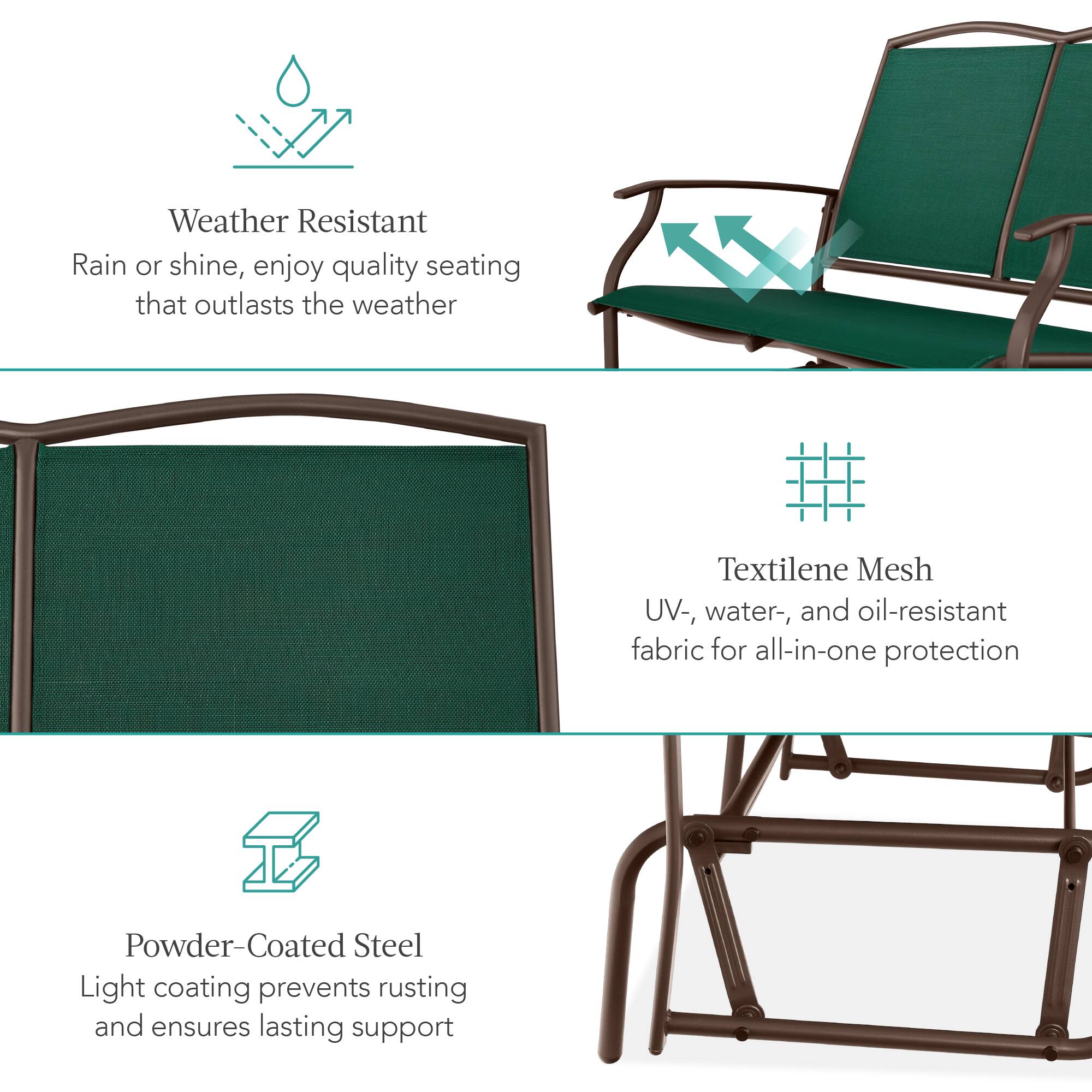 Weather Resistant  
Rain or shine, enjoy quality seating that outlasts the weather  

Textilene Mesh  
UV-, water-, and oil-resistant fabric for all-in-one protection  

Powder-Coated Steel  
Light coating prevents rusting and ensures lasting support