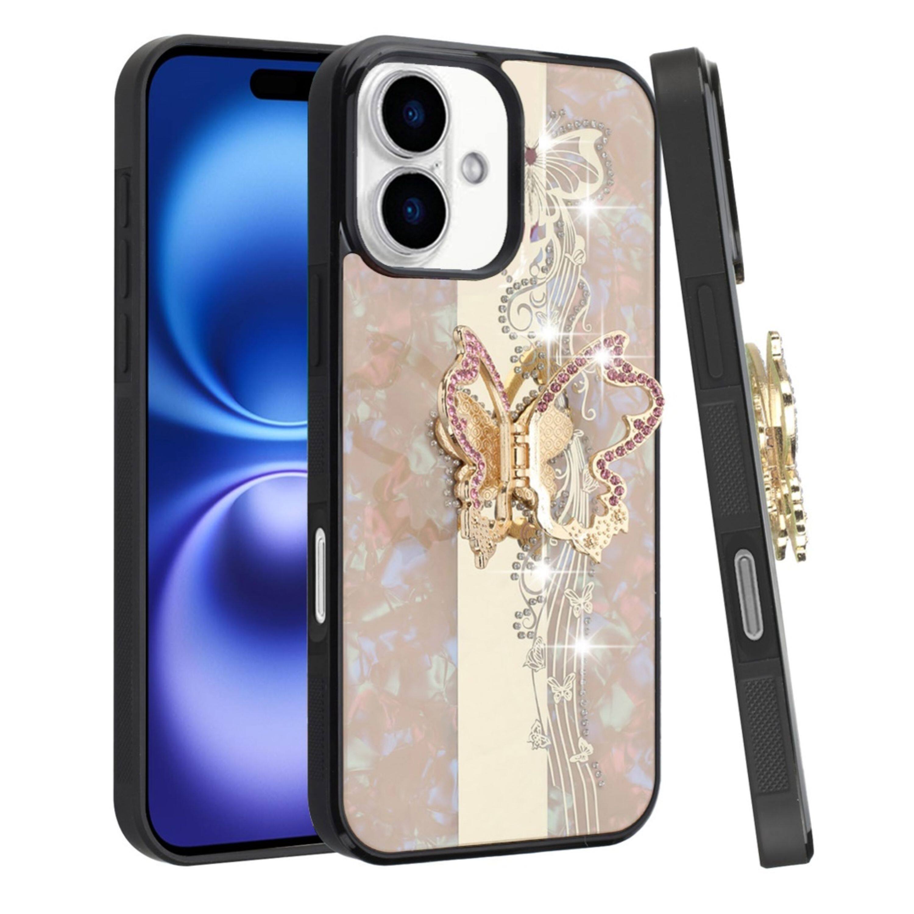 Angle. Kitcheniva - Rhinestone Glitter Butterfly Design Phone Case With Tempered Glass For iPhone 17 Gold - Gold.