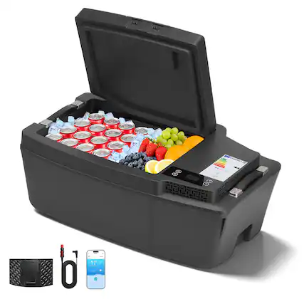 Front. VEVOR - 12 Volt Refrigerator, 21.1 QT/ 20L Car Fridge for Tesla Model 3, Portable Electric Freezer Compressor with APP Control - Black.