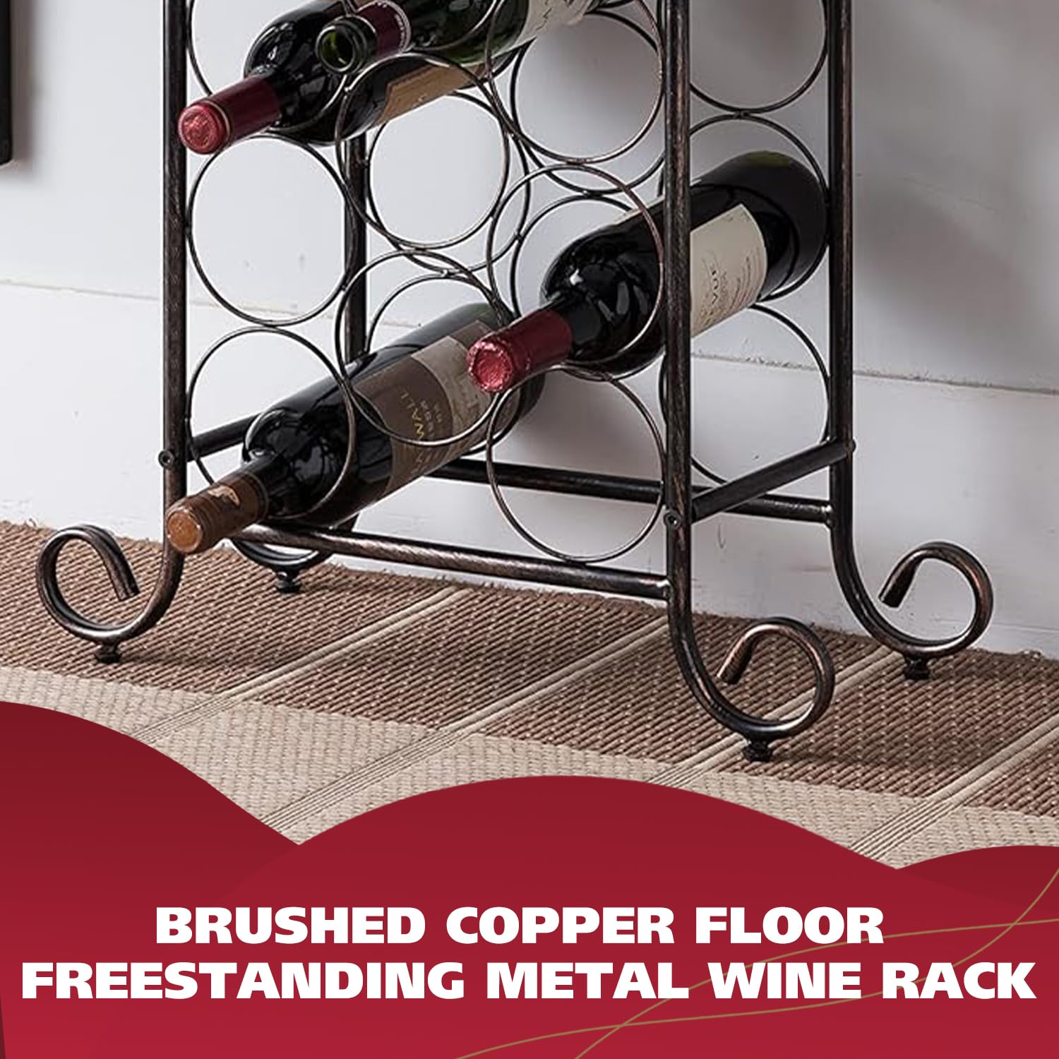 BRUSHED COPPER FLOOR  
FREESTANDING METAL WINE RACK