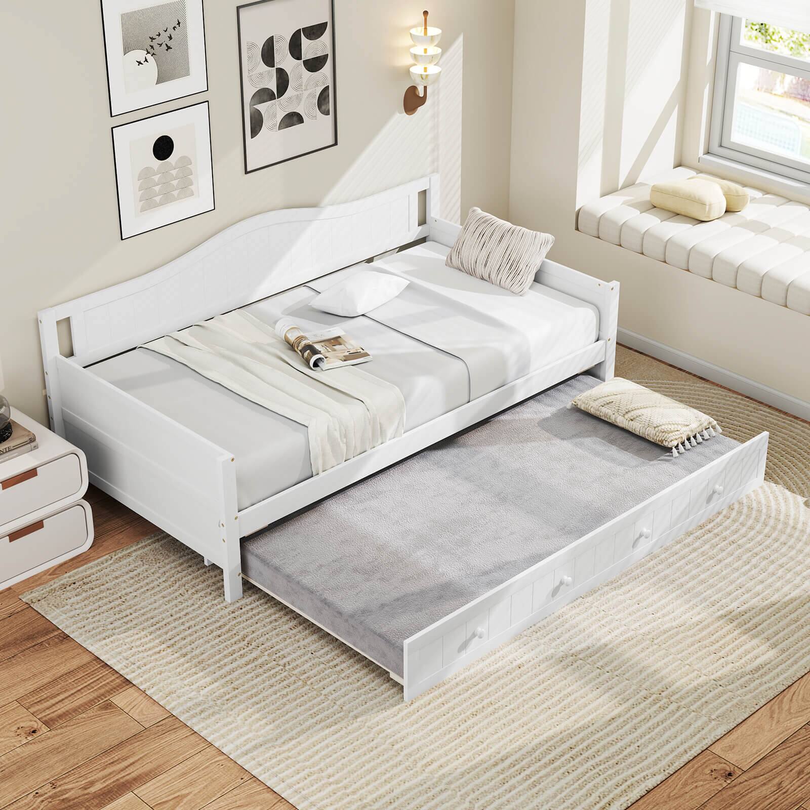 Alt View 5. Costway - Costway Twin Size Daybed with Trundle Solid Wood Sofa Bed with Slats Support Guest Bed White - White.