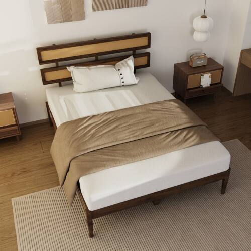 Alt View 7. Winado - Rattan Bed Frame with Headboard Boho Wooden Platform Panel Bed with Underbed Storage for Bedroom No Box Spring Needed - Brown.