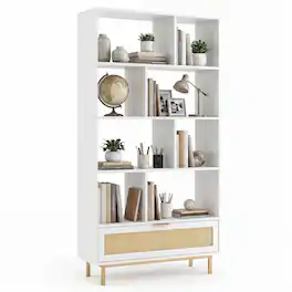 Costway - 64" Tall Wooden Bookcase, 6-Tier Bookshelf with 8 Open Cubes, Rattan Drawer - White