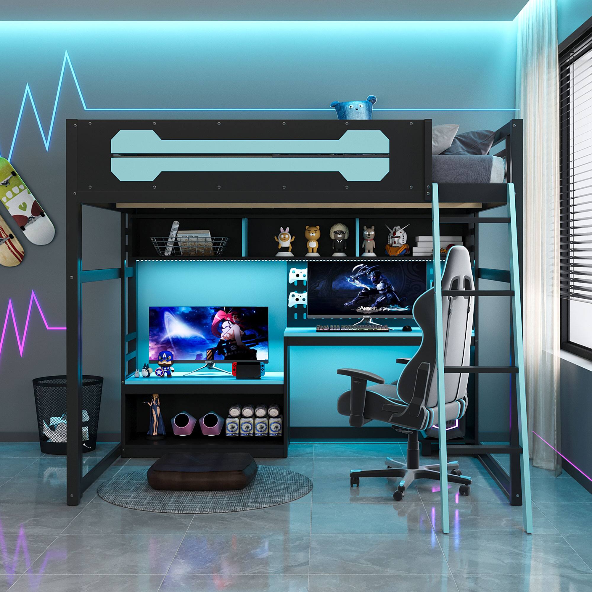 Angle. Anysun - Full Size Wood Loft Bed with Desk - Includes Shelves, LED Lights, USB Ports and Pegboard - Bule.