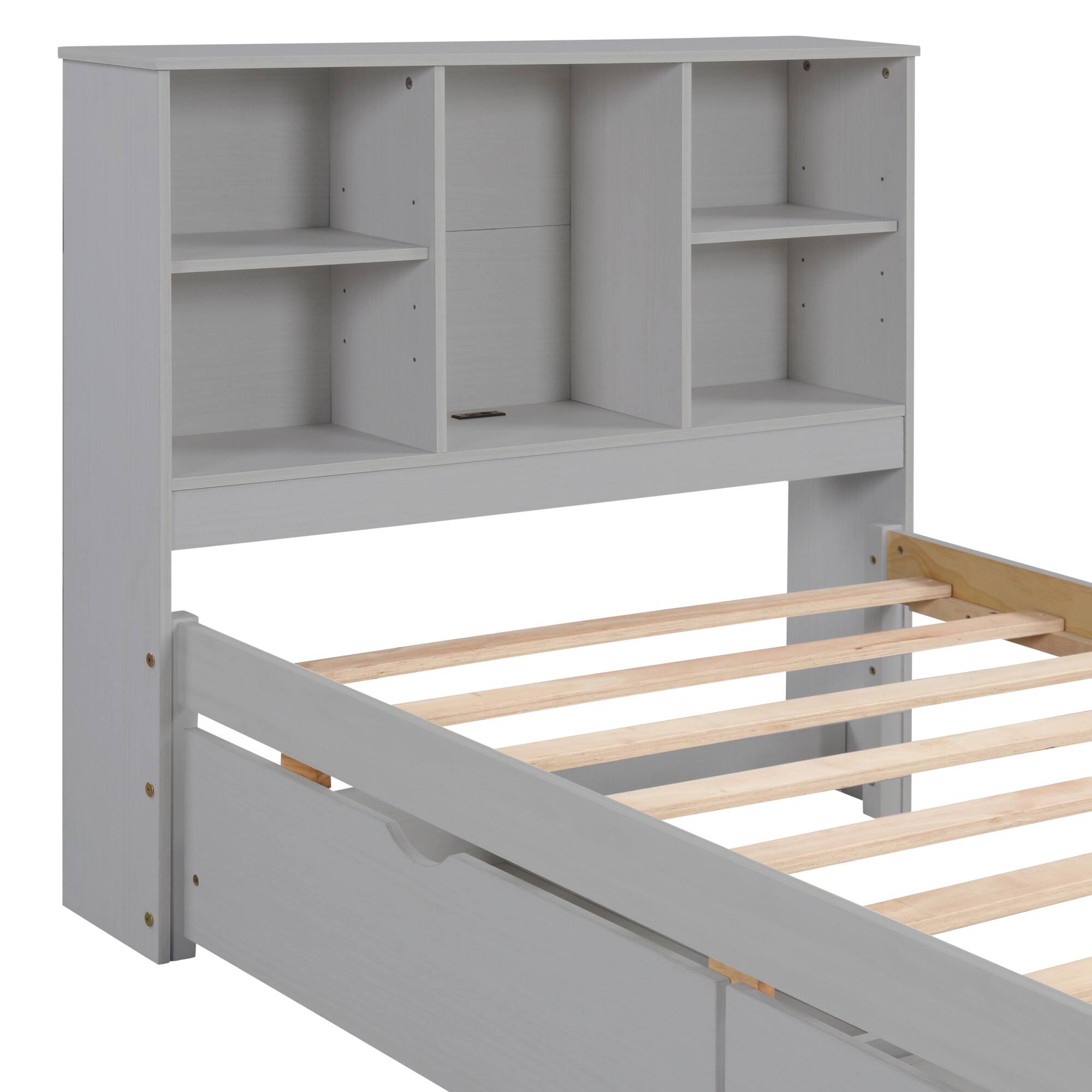 Alt View 8. GOODSILO - Contemporary Twin Size Bed Frame with USB Charging Port, Bookcase Headboard, and Underbed Storage Drawers - Grey.