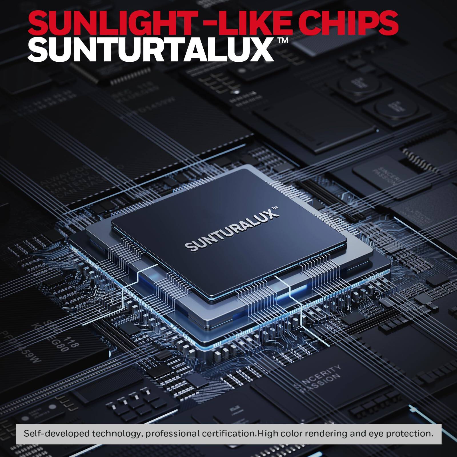 SUNLIGHT-LIKE CHIPS  
SUNTURALUX™  

Self-developed technology, professional certification. High color rendering and eye protection.