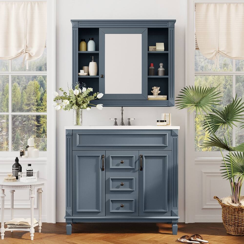 Front. Loheer - Loheer 36 inch Bathroom Vanity Royal Blue Vanity with Mirror - Blue.