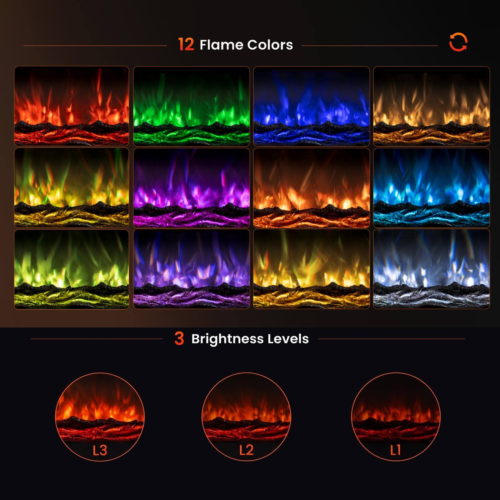 12 Flame Colors

3 Brightness Levels

L3
L2
L1