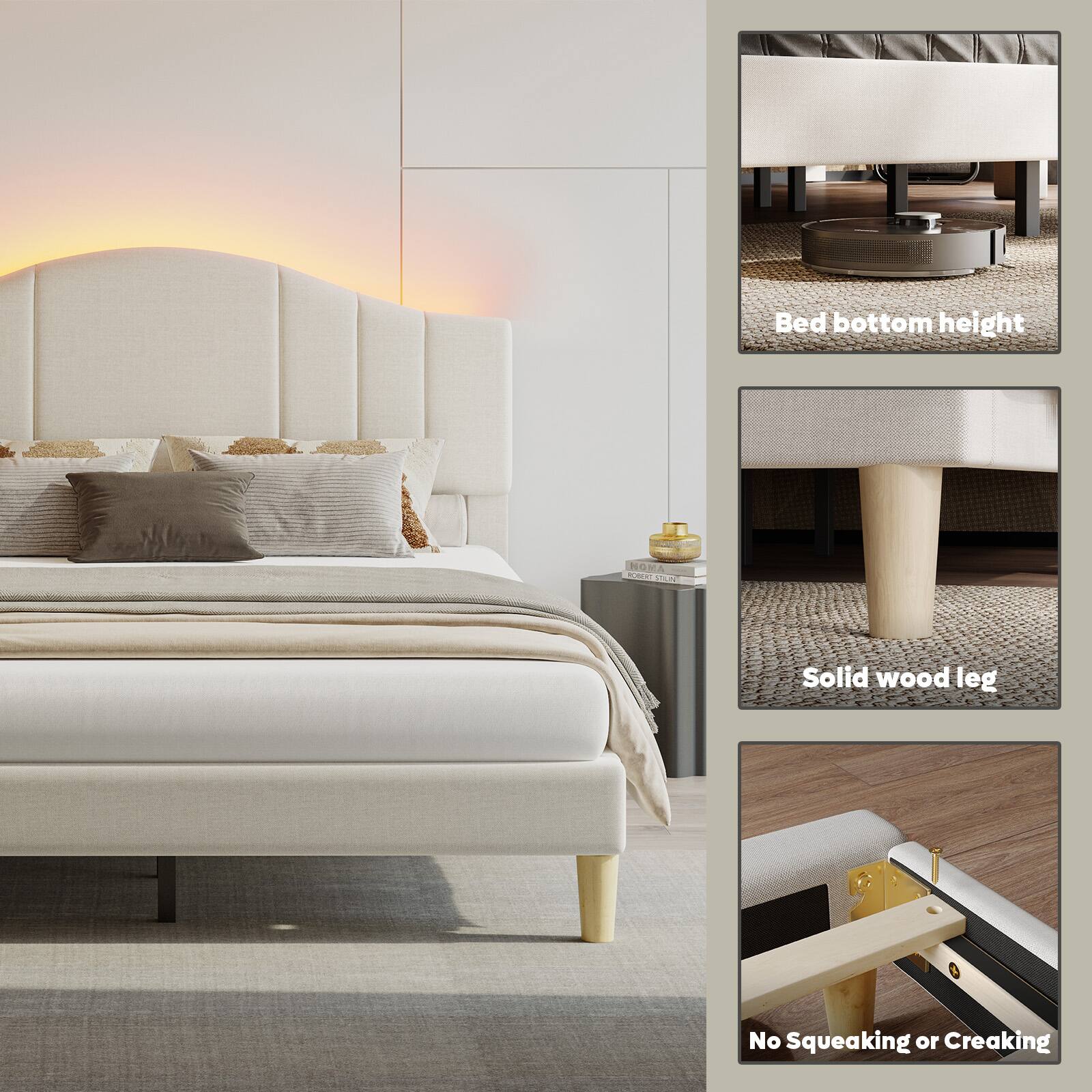 The text on the image reads: "Bed bottom height NG A SET adaa AOTO Solid wood leg No Squeaking or Creaking."