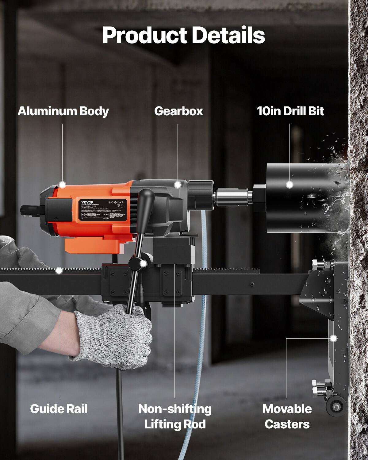 Product Details
- Aluminum Body
- Gearbox
- 10in Drill Bit
- Guide Rail
- Non-shifting Lifting Rod
- Movable Casters