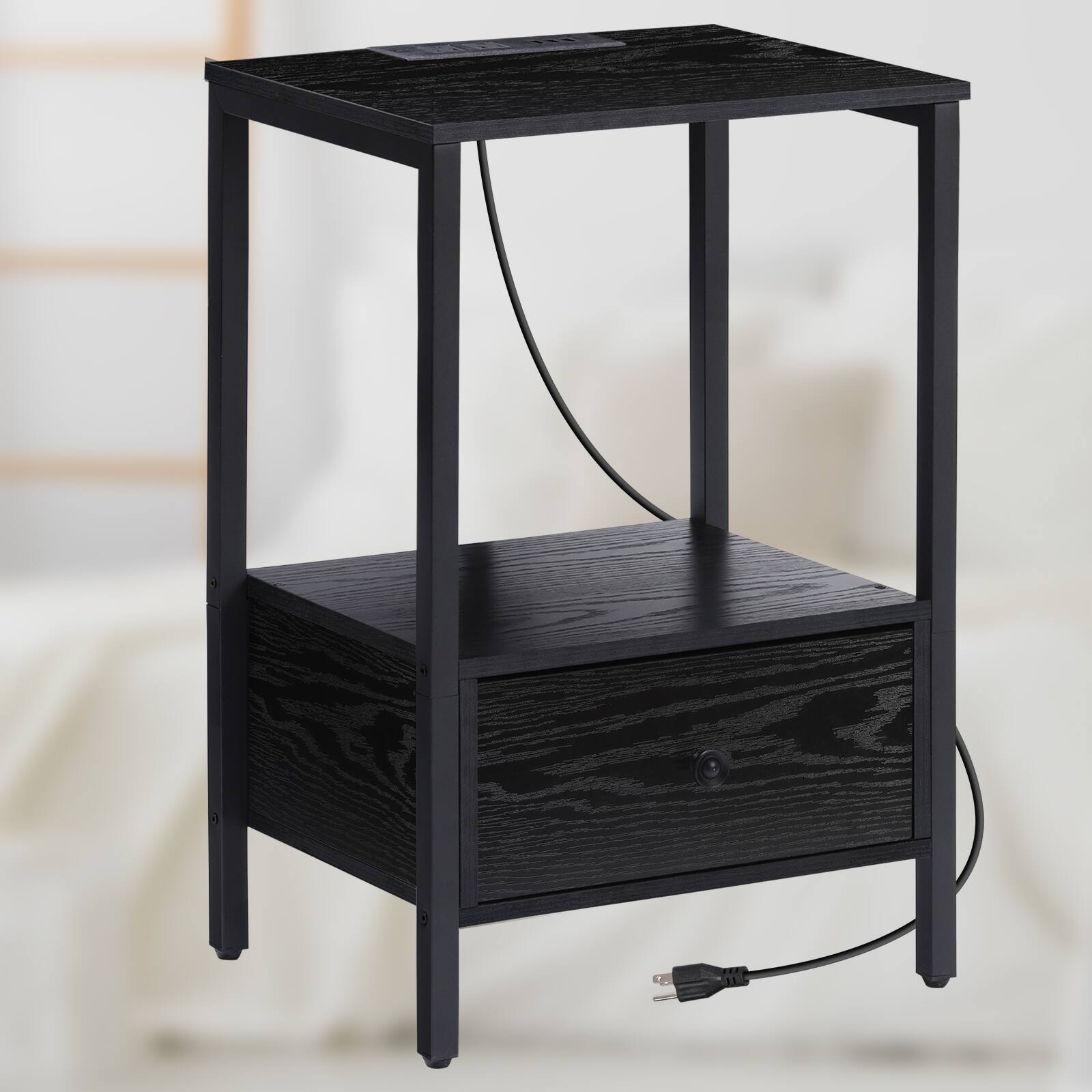 Angle. Oumilen - 2-Tier End Table with Fabric Drawer and Built-In Charging Station, Black - Black.