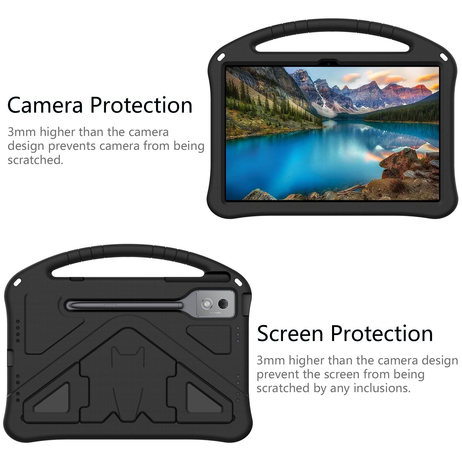 Camera Protection  
3mm higher than the camera design prevents camera from being scratched.  

Screen Protection  
3mm higher than the camera design prevent the screen from being scratched by any inclusions.
