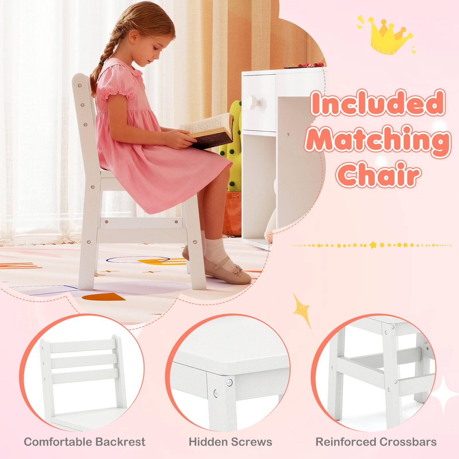 Included Matching Chair

Comfortable Backrest

Hidden Screws

Reinforced Crossbars