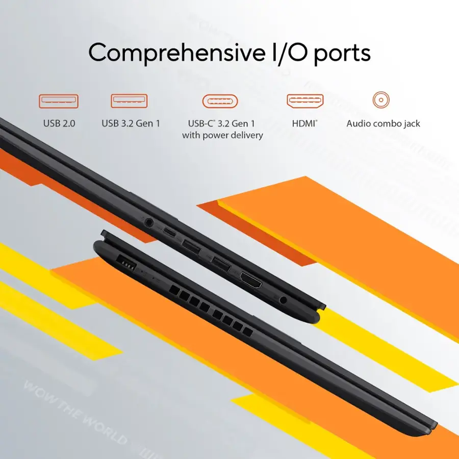 Comprehensive I/O ports: USB 2.0, USB 3.2 Gen 1, USB-C 3.2 Gen 1, HDMI, Audio combo jack with power delivery.