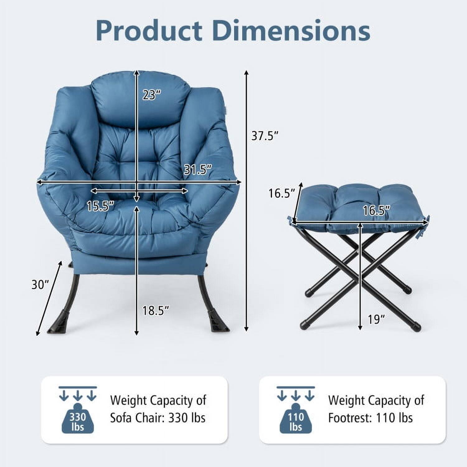 Product Dimensions:  
- 23"  
- 37.5"  
- 31.5"  
- 15.5"  
- 16.5"  
- 16.5"  
- 30"  
- 18.5"  
- 19"  

Weight Capacity of Sofa Chair: 330 lbs  
Weight Capacity of Footrest: 110 lbs