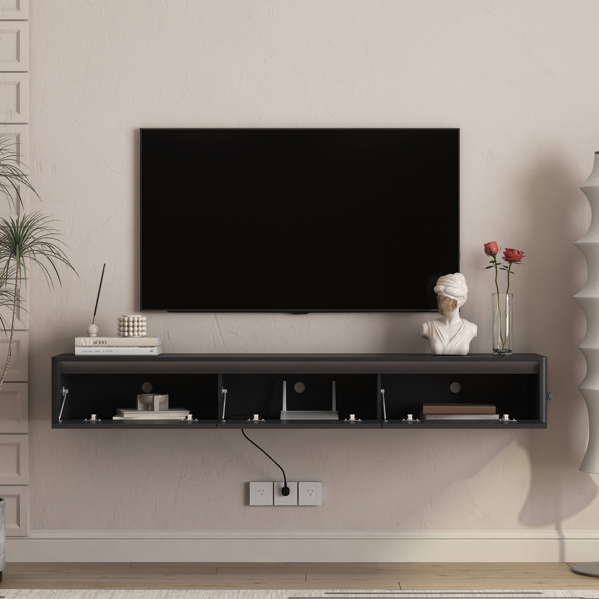 Left. Z-Edge - Floating TV Stand Wall Mounted for 65"–80" TVs, Modern Floating Entertainment Center with Storage for Living Room - Black.