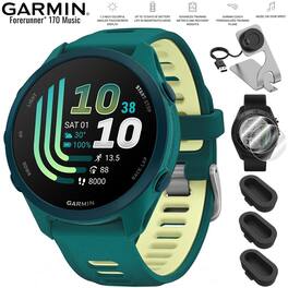 Garmin - Forerunner 170 Music GPS Smartwatch 43 mm Fiber-Reinforced polymer + Charging Dock & Protection Bundle - Teal Green/Citron - (2026)
