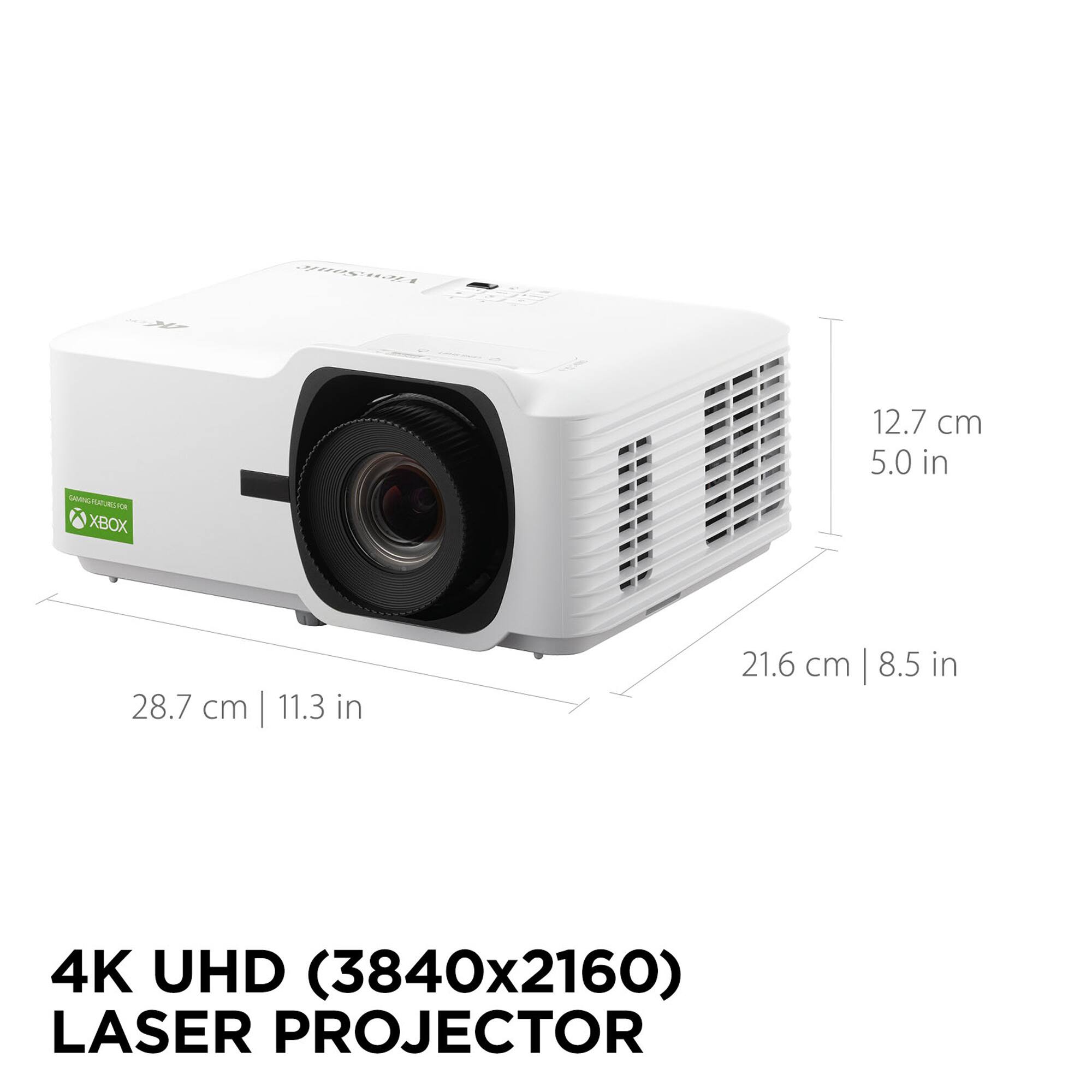 The text on the image reads: "4K UHD (3840x2160) LASER PROJECTOR 28.7 cm | 11.3 in 21.6 cm | 8.5 in XBOX."