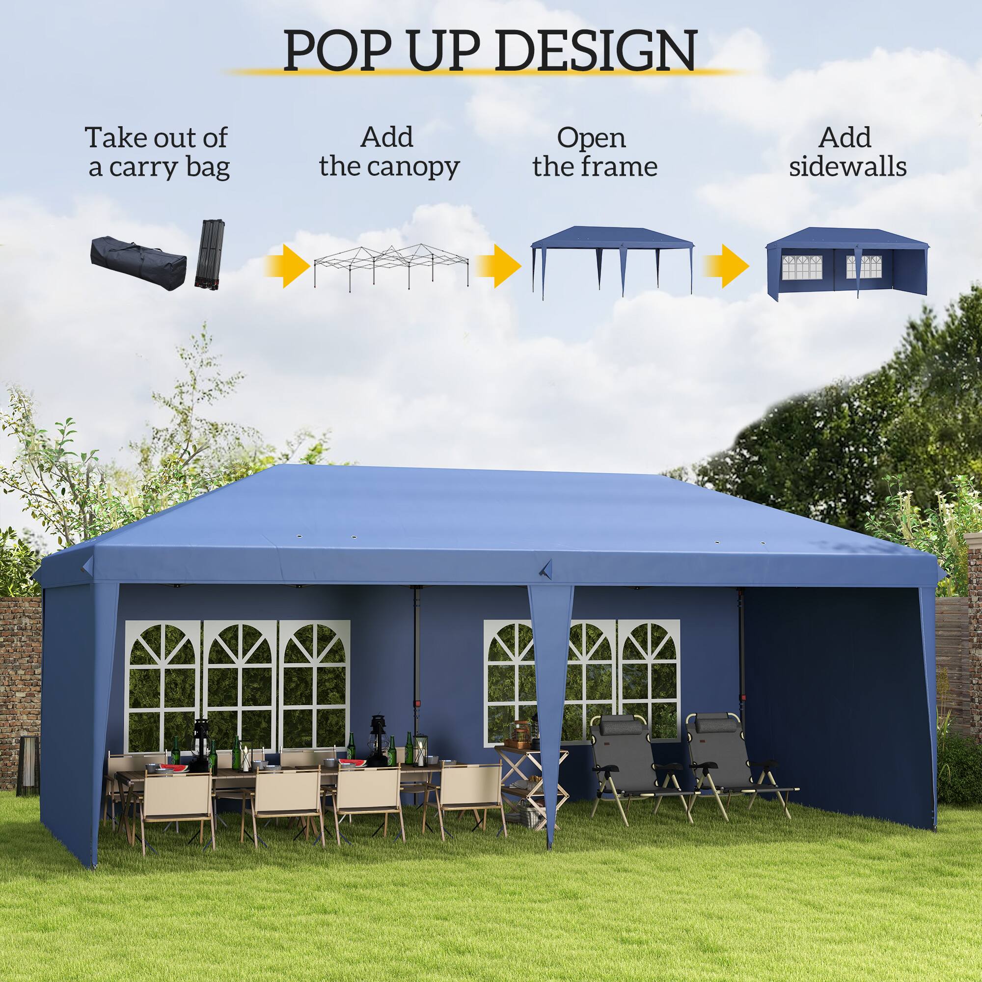 POP UP DESIGN

Take out of a carry bag
Add the canopy
Open the frame
Add sidewalls