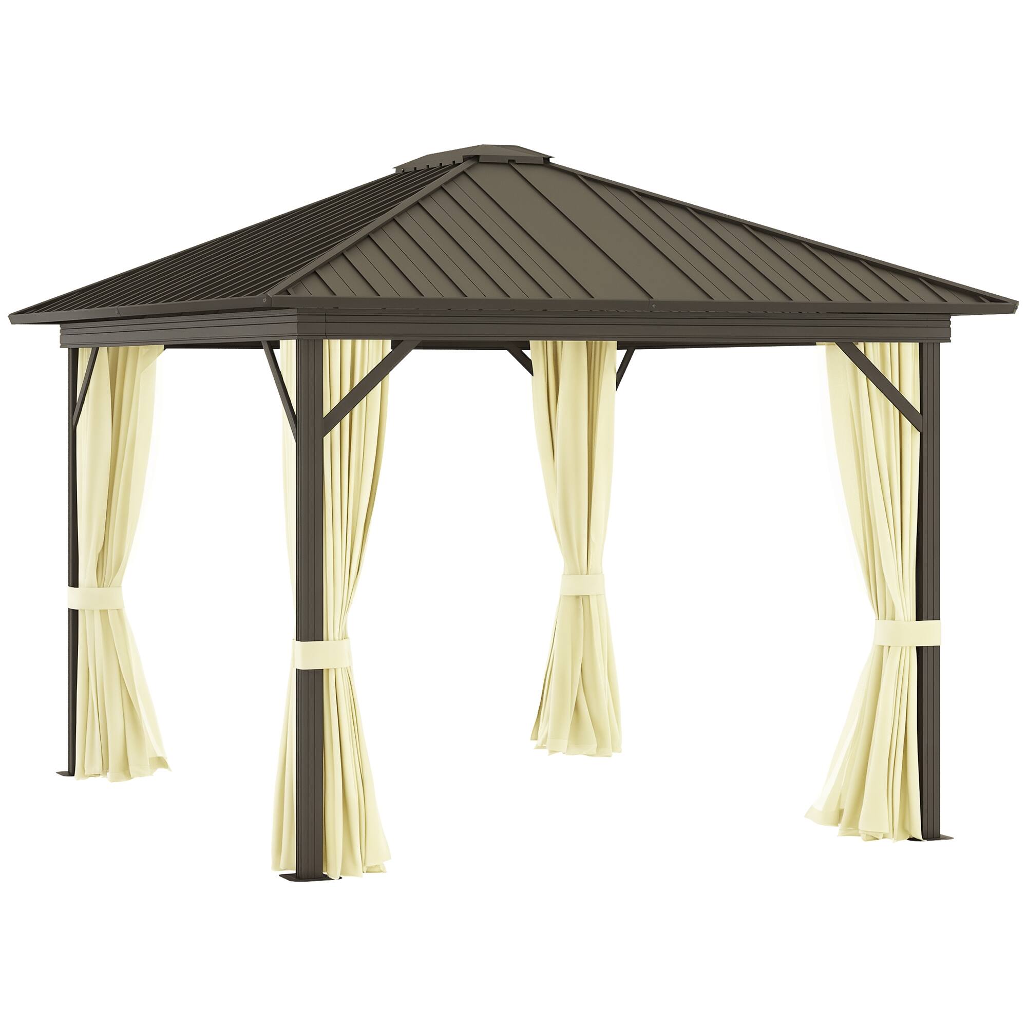 Front. Outsunny - x 9.8" Hardtop Gazebo with Curtains Netting - Cream White.