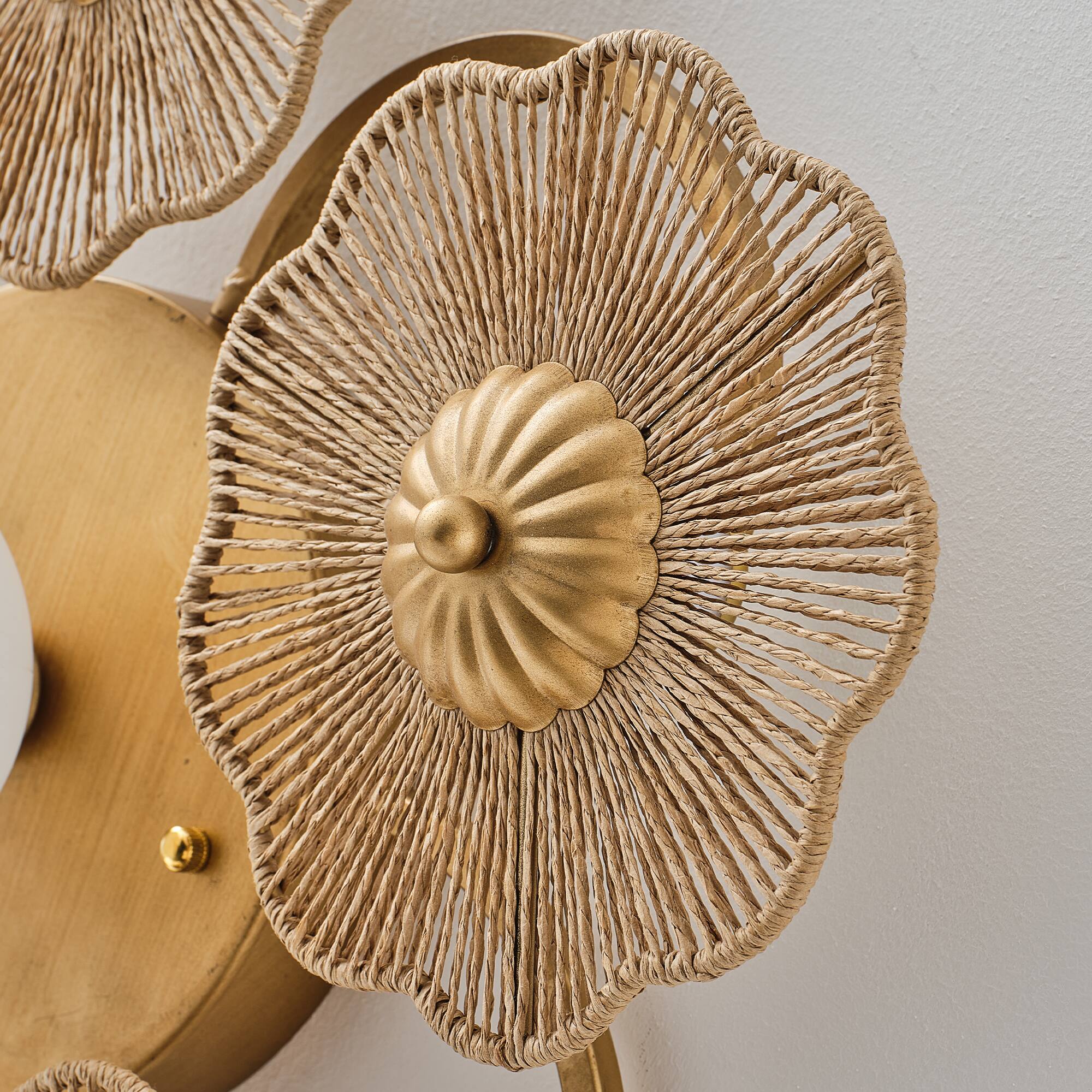 Alt View 9. Parrot Uncle - Antique Gold Modern Farmhouse Hand-Woven Raffia Rope Five Flower-Shaped Frosted Globe LED Wall Lamp Ceiling Light - Gold.