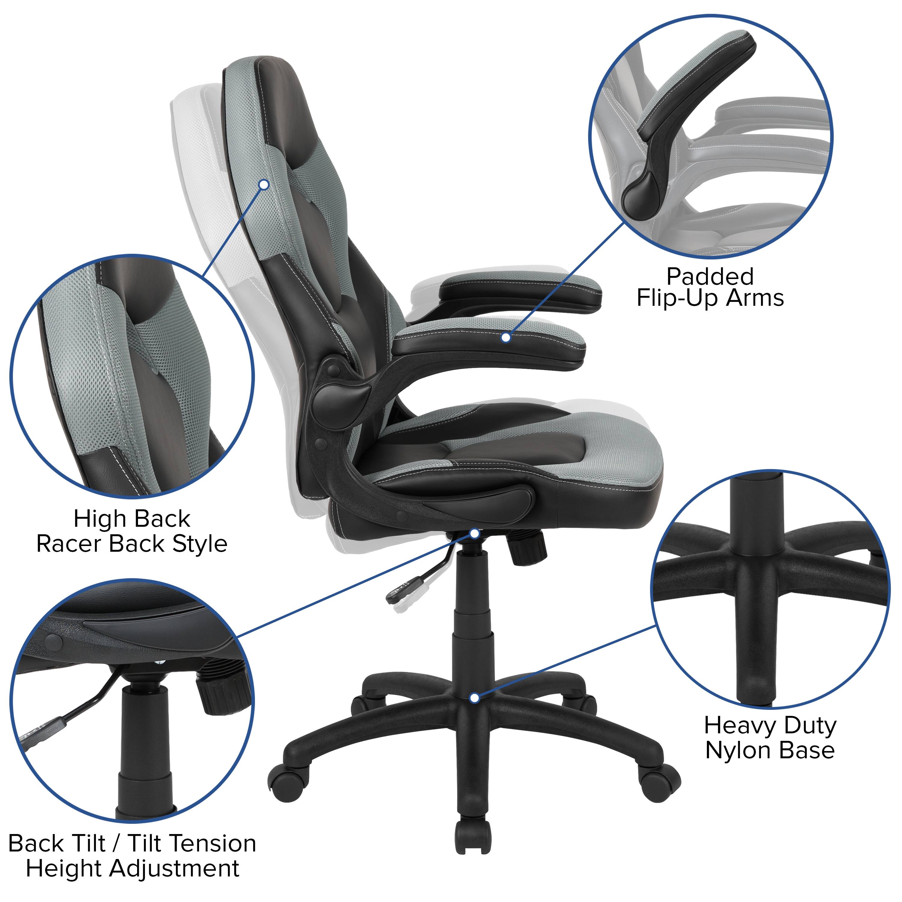 Padded Flip-Up Arms  
High Back Racer Back Style  
Heavy Duty Nylon Base  
Back Tilt / Tilt Tension Height Adjustment