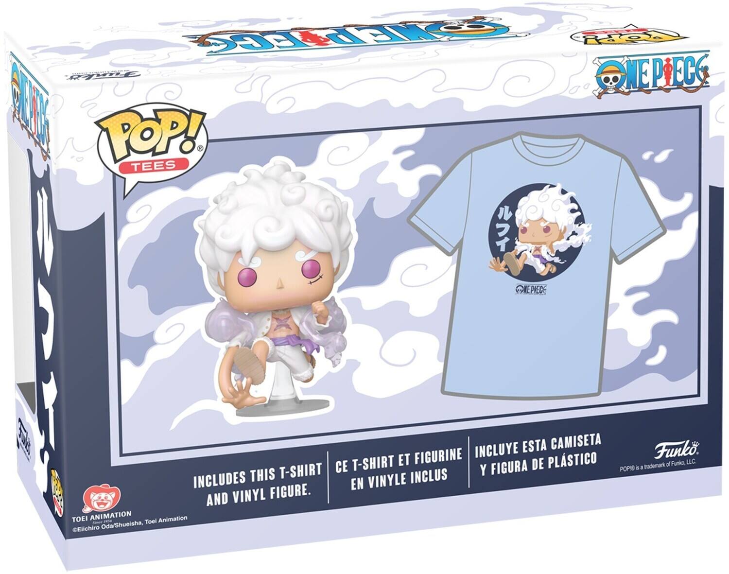 Sure, here is the corrected and grouped text from the image:

---

**Top Left:**
- POP! TEES

**Top Center:**
- ONE PIECE

**Top Right:**
- FUNKO

**Middle Left:**
- INCLUDES THIS T-SHIRT AND VINYL FIGURE.

**Middle Center:**
- CE T-SHIRT ET FIGURINE EN VINYLE INCLUS

**Middle Right:**
- INCLUYE ESTA CAMISETA FIGURA DE PLÁSTICO

**Bottom Left:**
- TOEI ANIMATION
- ©Eiichiro Oda/Shueisha, Toei Animation

**Bottom Center:**
- POP!® is a trademark of Funko, LLC.

**Bottom Right:**
- Funko

---

This text is organized to reflect the information on the packaging.