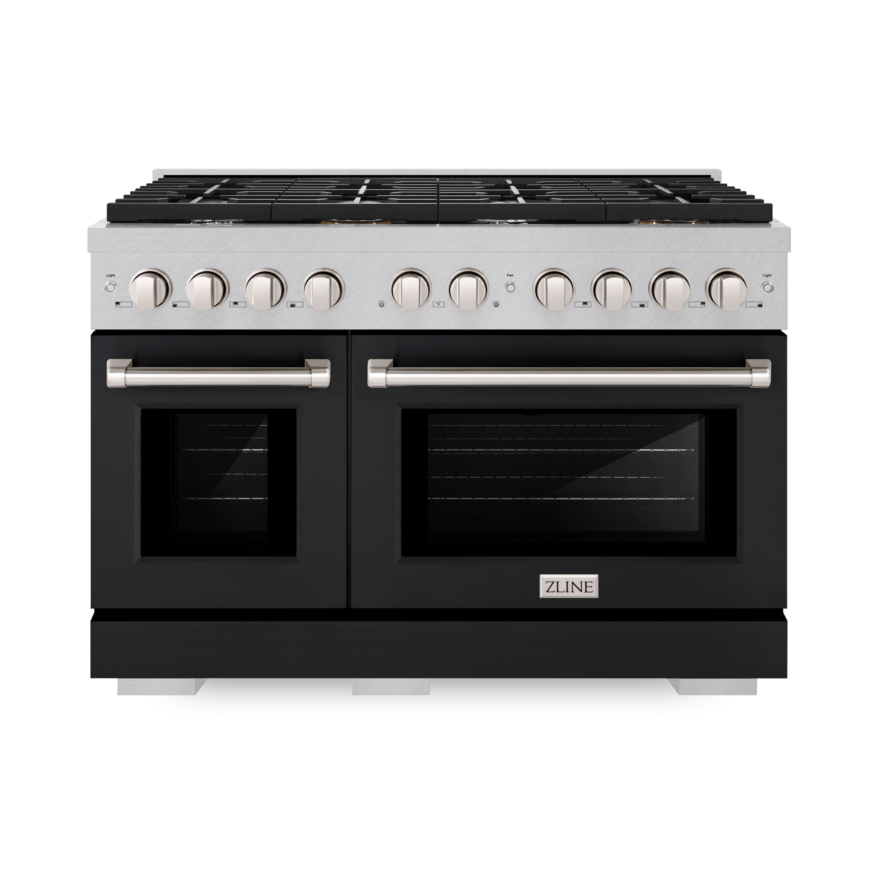 Front. ZLINE - ZLINE 48 in. Paramount Satin Dual Fuel Range with 8 Burner Cooktop (SDRS-BLM-48) - Satin Steel/Black Matte.