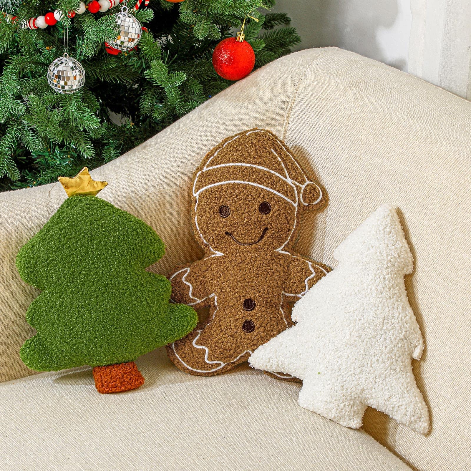 Paradigms Interiors - 3 Christmas Gingerbread Pillows House Man Throw Stuffed Shaped Pillow For Party Outdoor Cushion Decorations - Green-Vintage Style