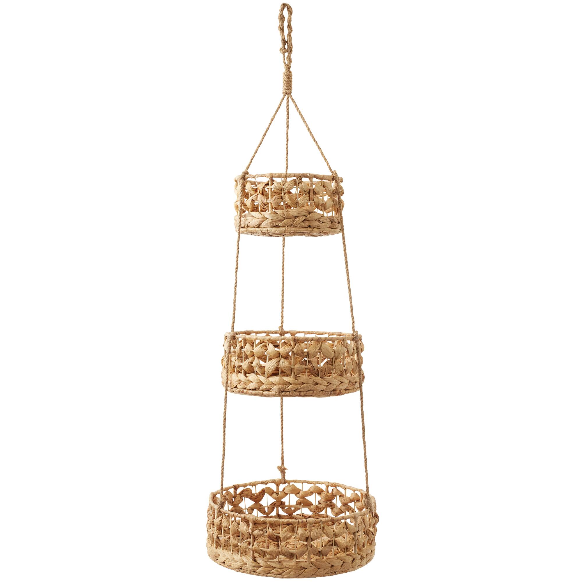 Front. Casafield - 3-Tier Hanging Fruit Baskets Vertical Woven Kitchen Storage Organizer - Natural - Hyacinth.