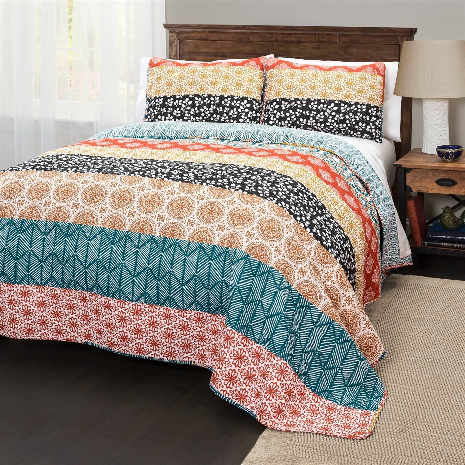 Angle. Hivvago - King size Cotton 3 Piece Reversible Teal Orange Bohemian Stripe Quilt Set - Teal, Orange.