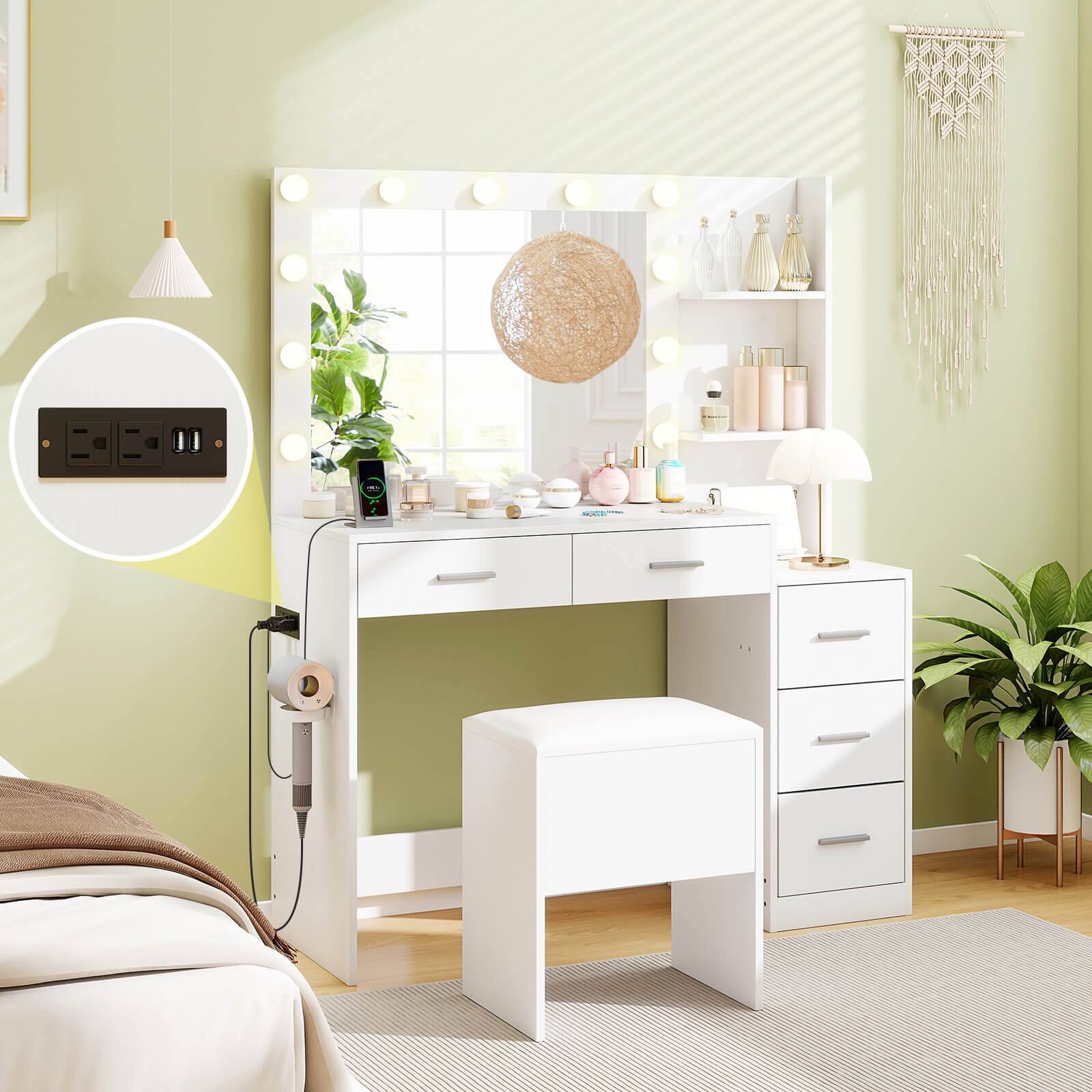Alt View 1. Costway - Costway 43.5" Makeup Table Set Vanity Desk with Storage Stool Power Outlets 2 Open Shelves - White.