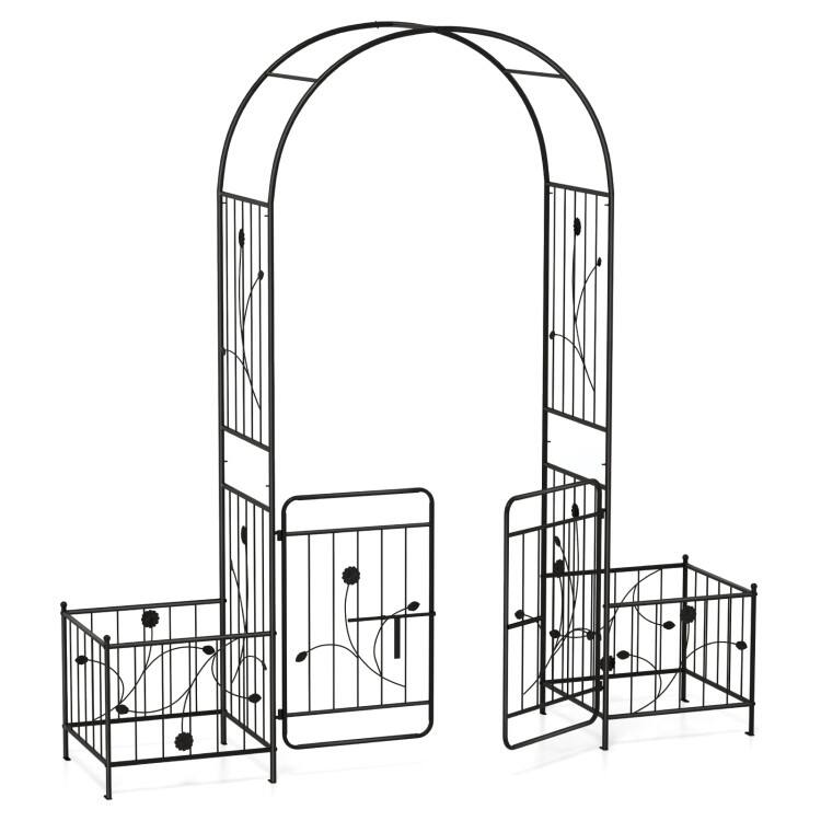 SlickBlue - Metal Garden Arbor Arch with Gate and Built-In Side Planters - Black