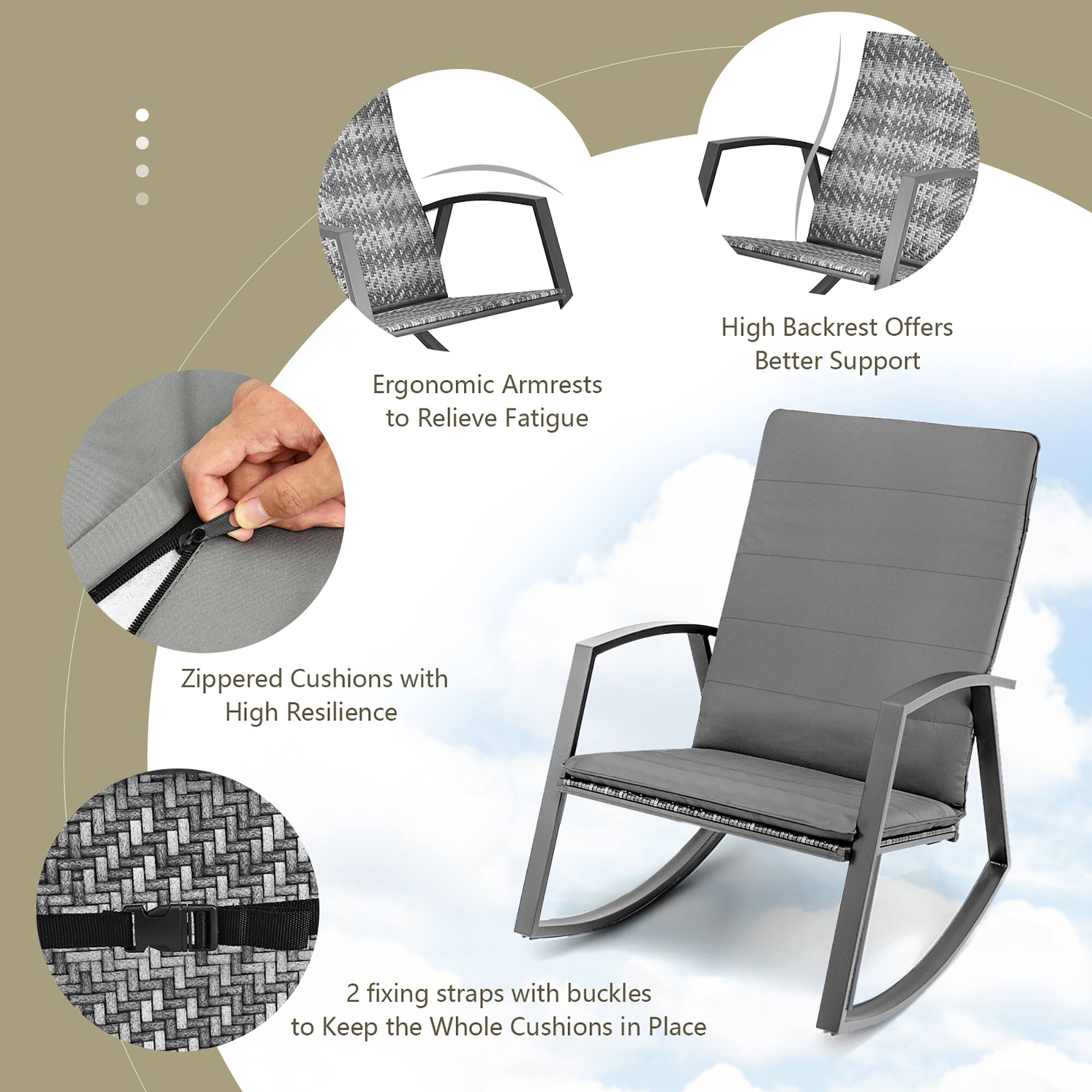 Ergonomic Armrests to Relieve Fatigue, High Backrest Offers Better Support, Zippered Cushions with High Resilience, 2 fixing straps with buckles to Keep the Whole Cushions in Place