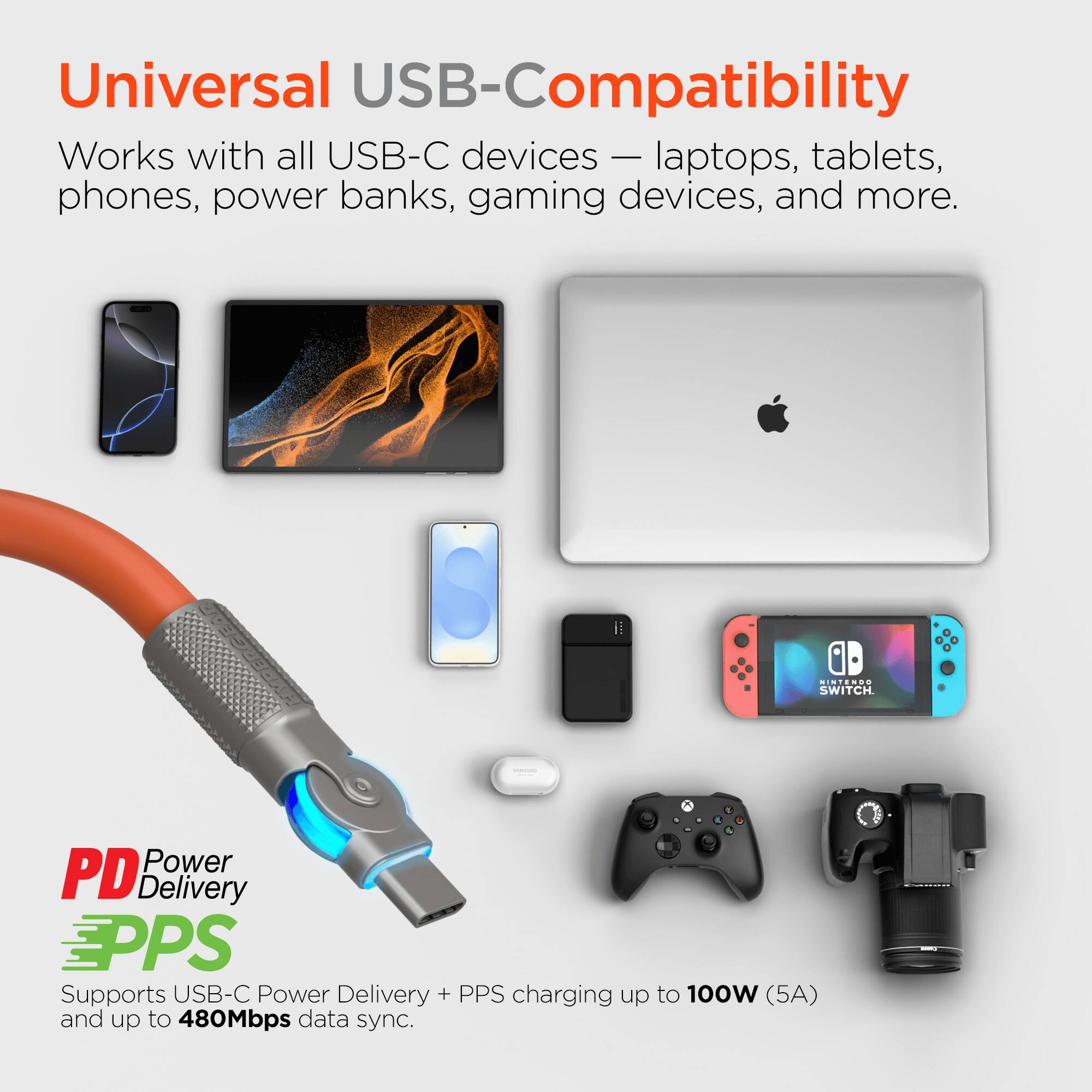 Universal USB-Compatibility  
Works with all USB-C devices - laptops, tablets, phones, power banks, gaming devices, and more.  

PD Power Delivery  
EPPS  
Supports USB-C Power Delivery + PPS charging up to 100W (5A) and up to 480Mbps data sync.