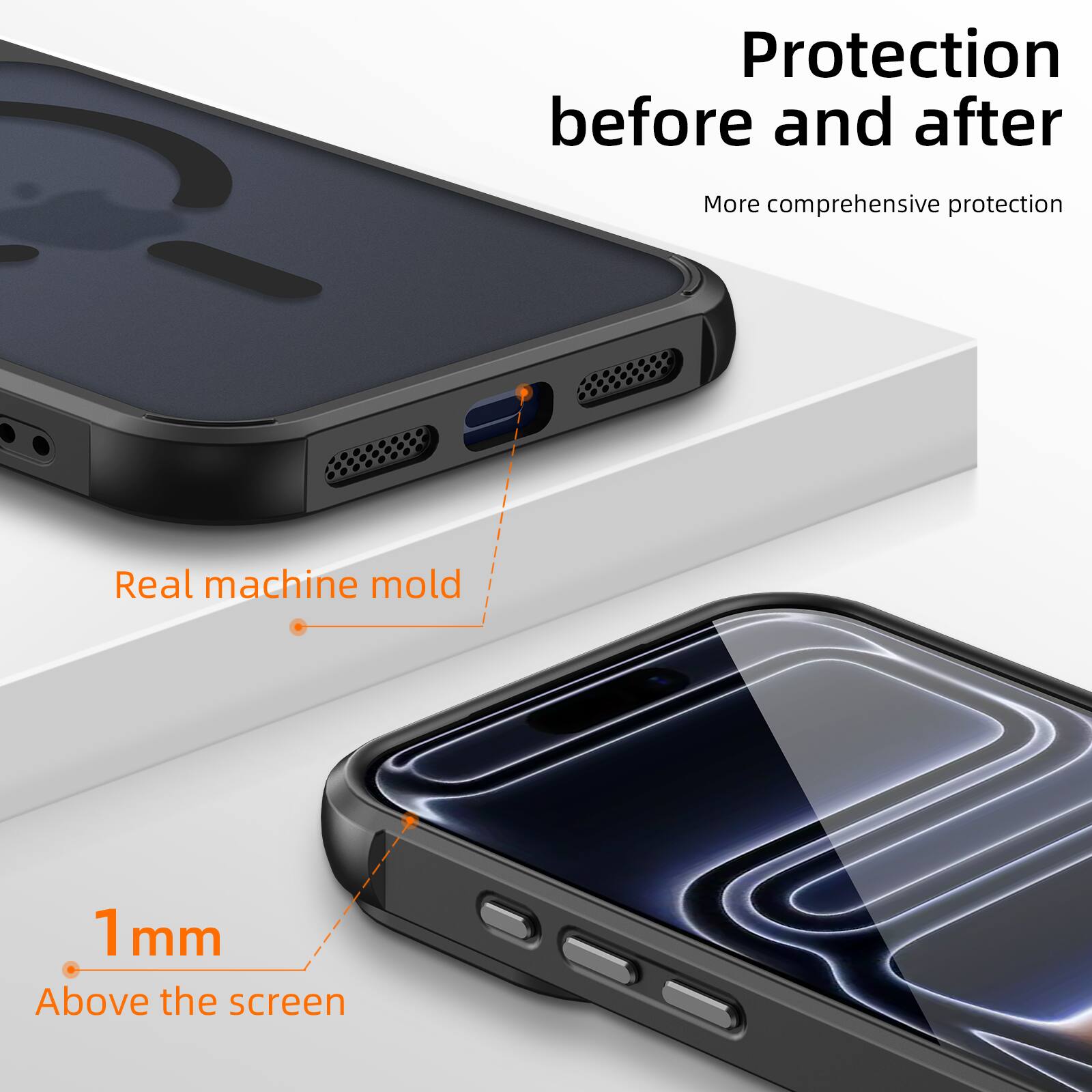 Protection before and after  
More comprehensive protection  
Real machine mold  
1 mm Above the screen