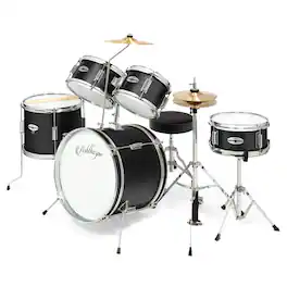 Ashthorpe - Beginner Drum Kit with Brass Cymbals (Set of 5) - Black